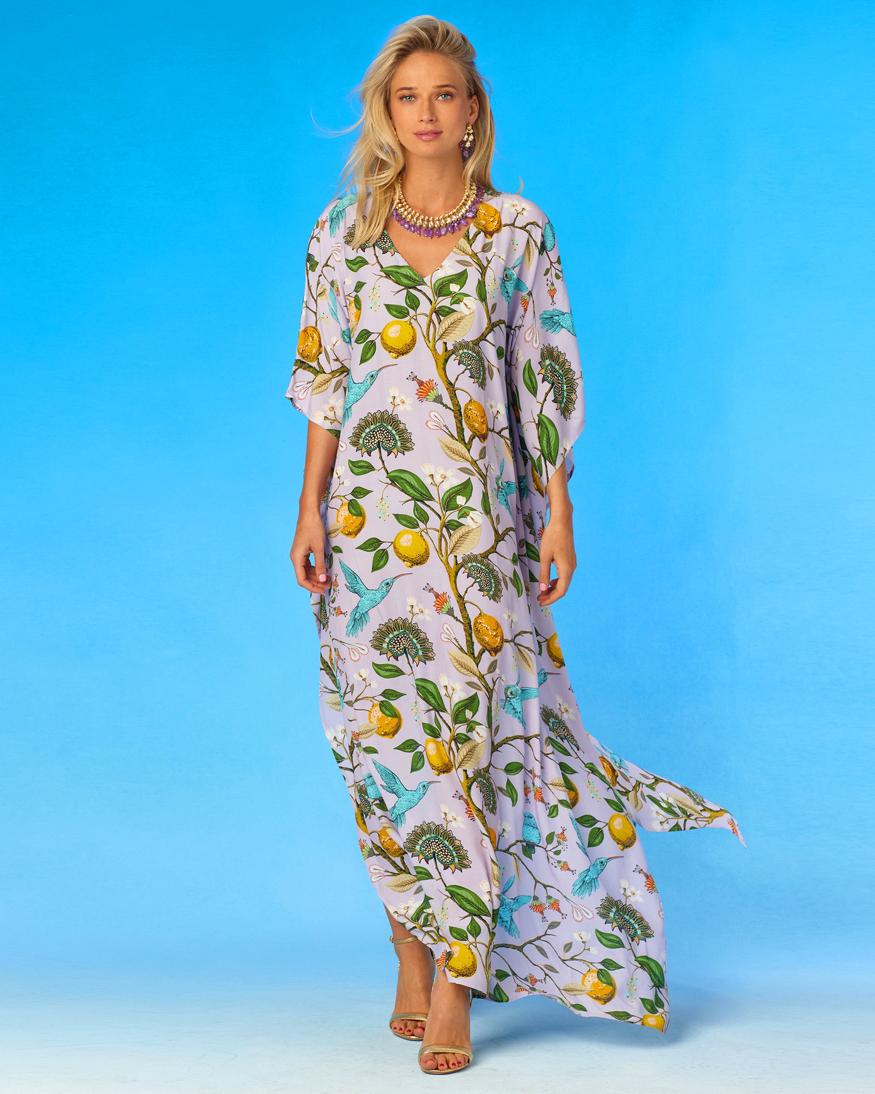 Flora Kaftan in Lavender Hummingbird Print-Front View