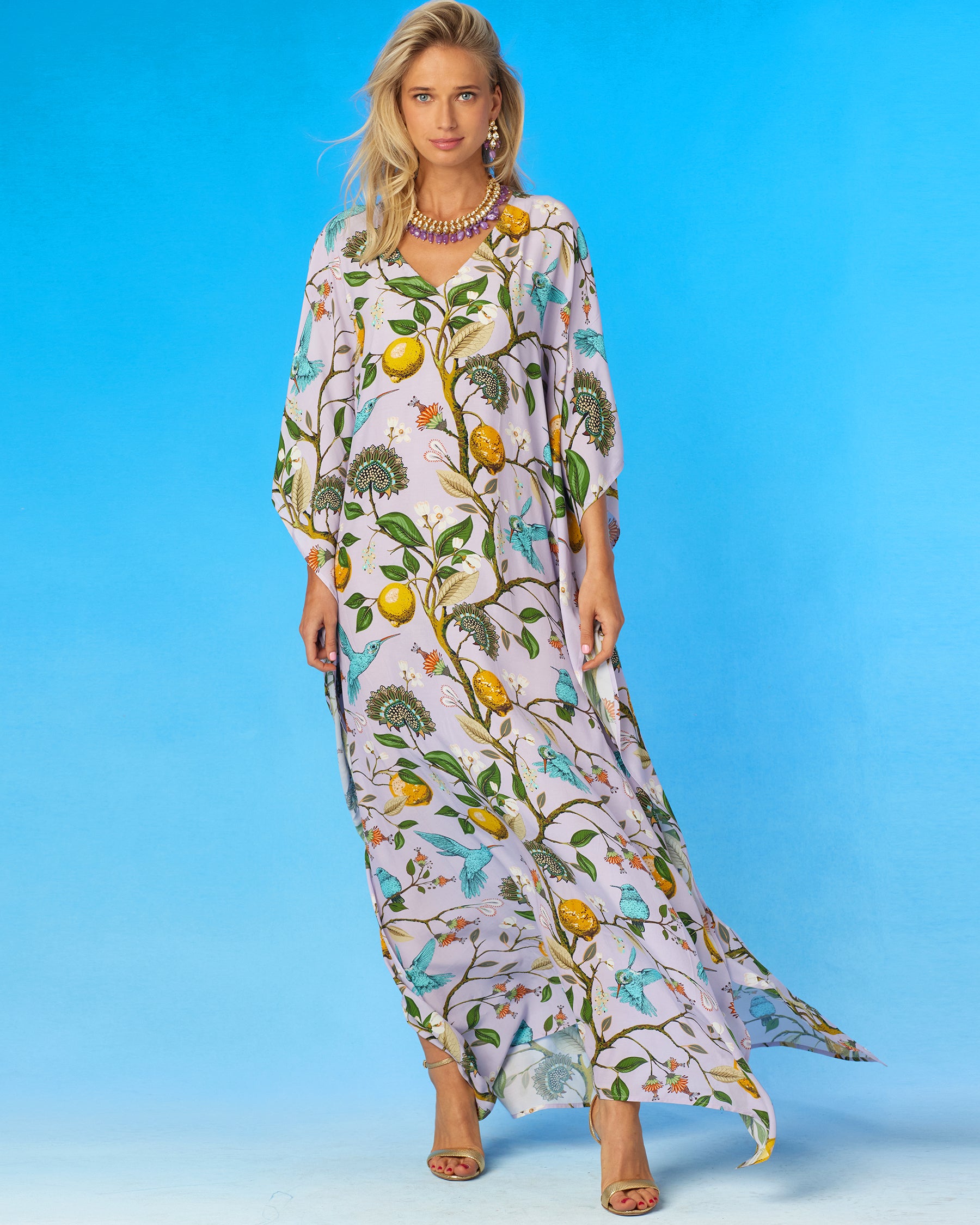 Flora Kaftan in Lavender Hummingbird Print-Alternate Front View