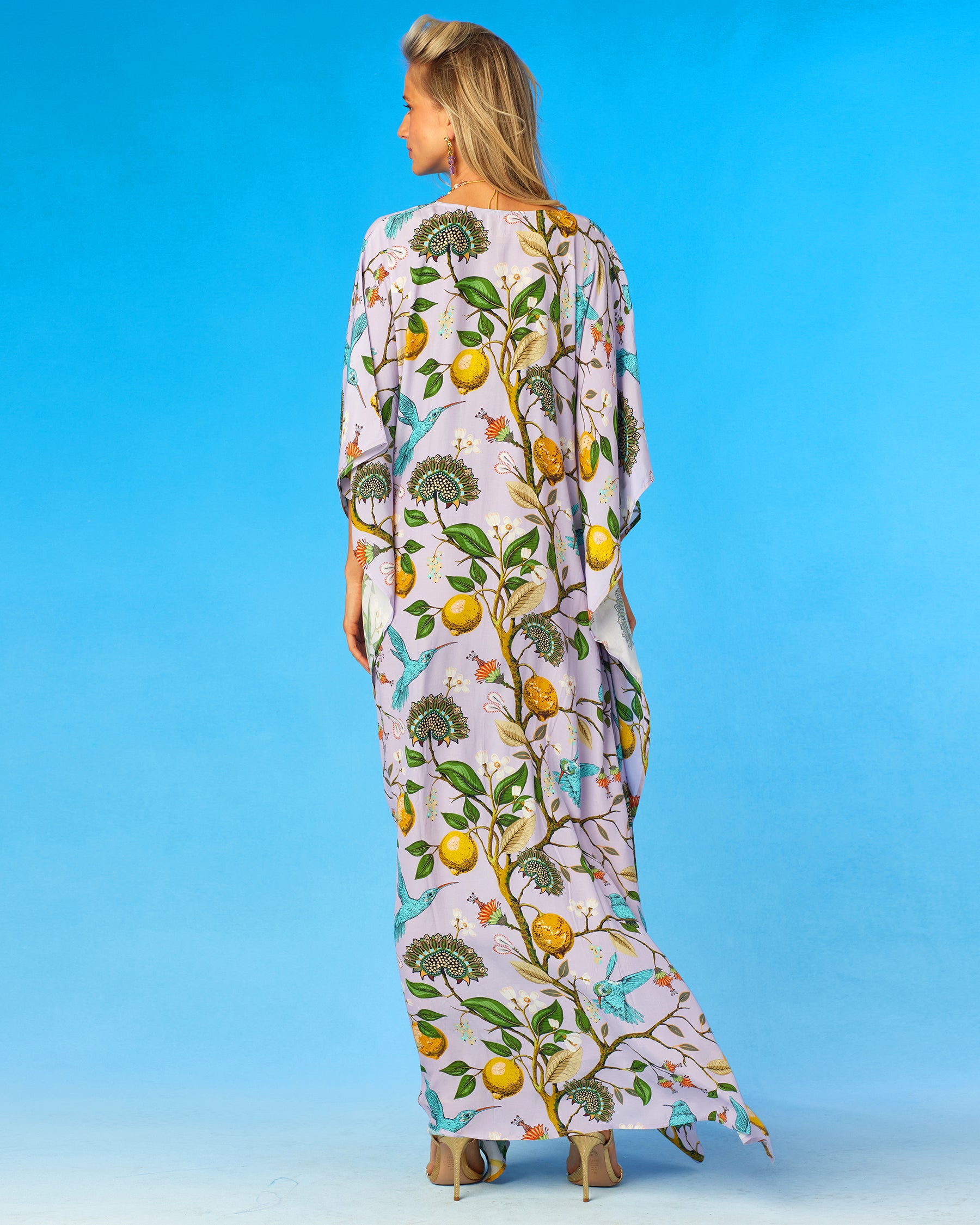 Flora Kaftan in Lavender Hummingbird Print-Back View