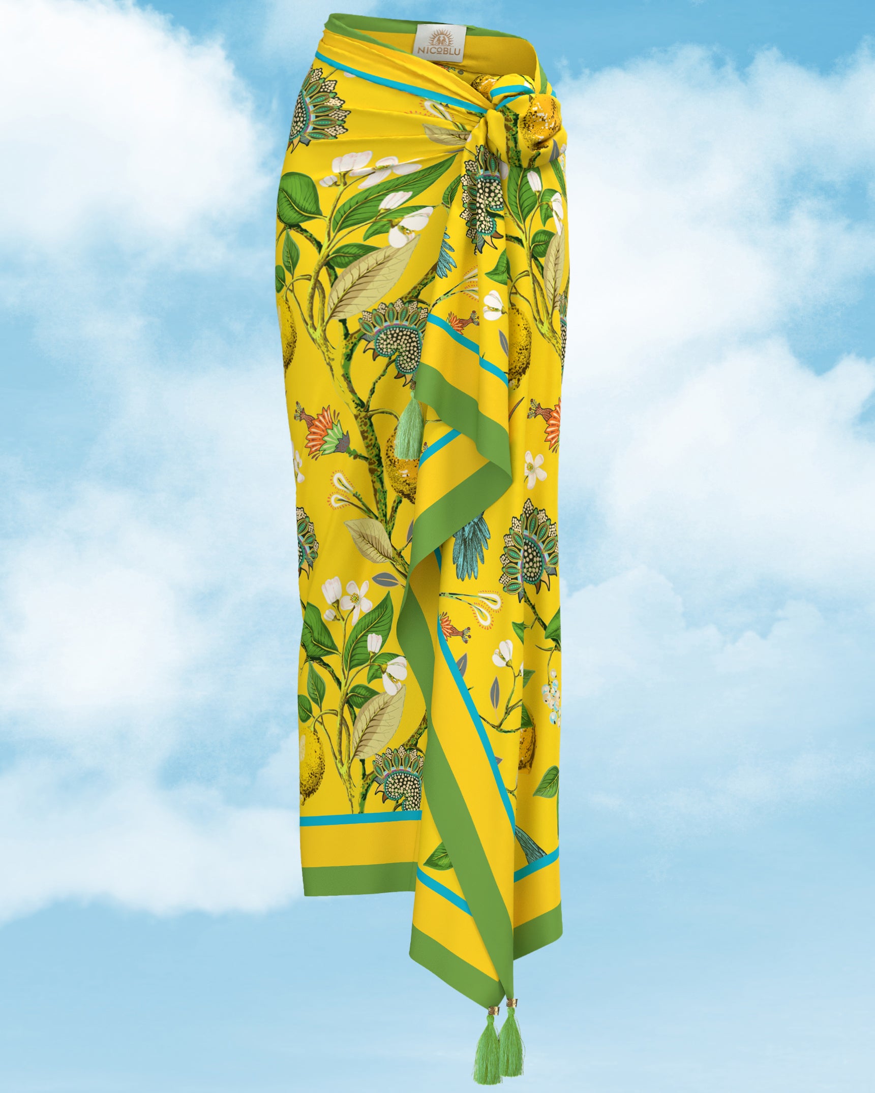 Flora Organic Cotton Pareo in Yellow-Front View Worn as a Skirt