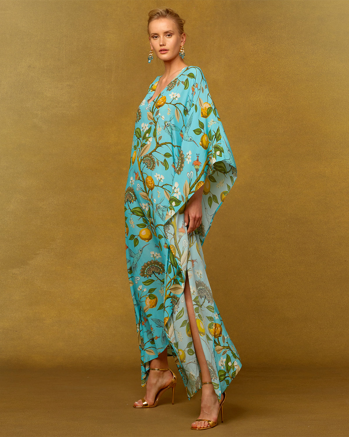 Flora Long Kaftan in Turquoise Hummingbird Print-side view