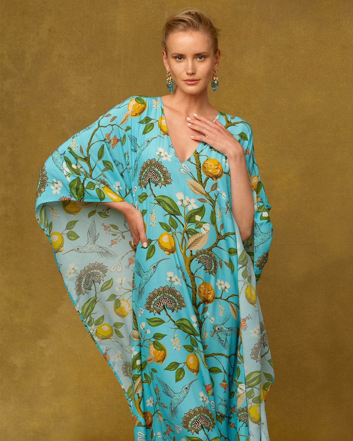 Flora Long Kaftan in Turquoise Hummingbird Print-portrait
