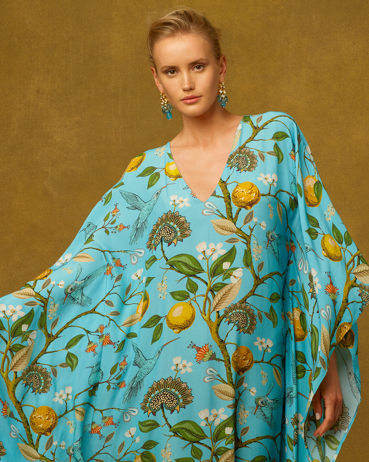 Flora Long Kaftan in Turquoise Hummingbird Print-portrait