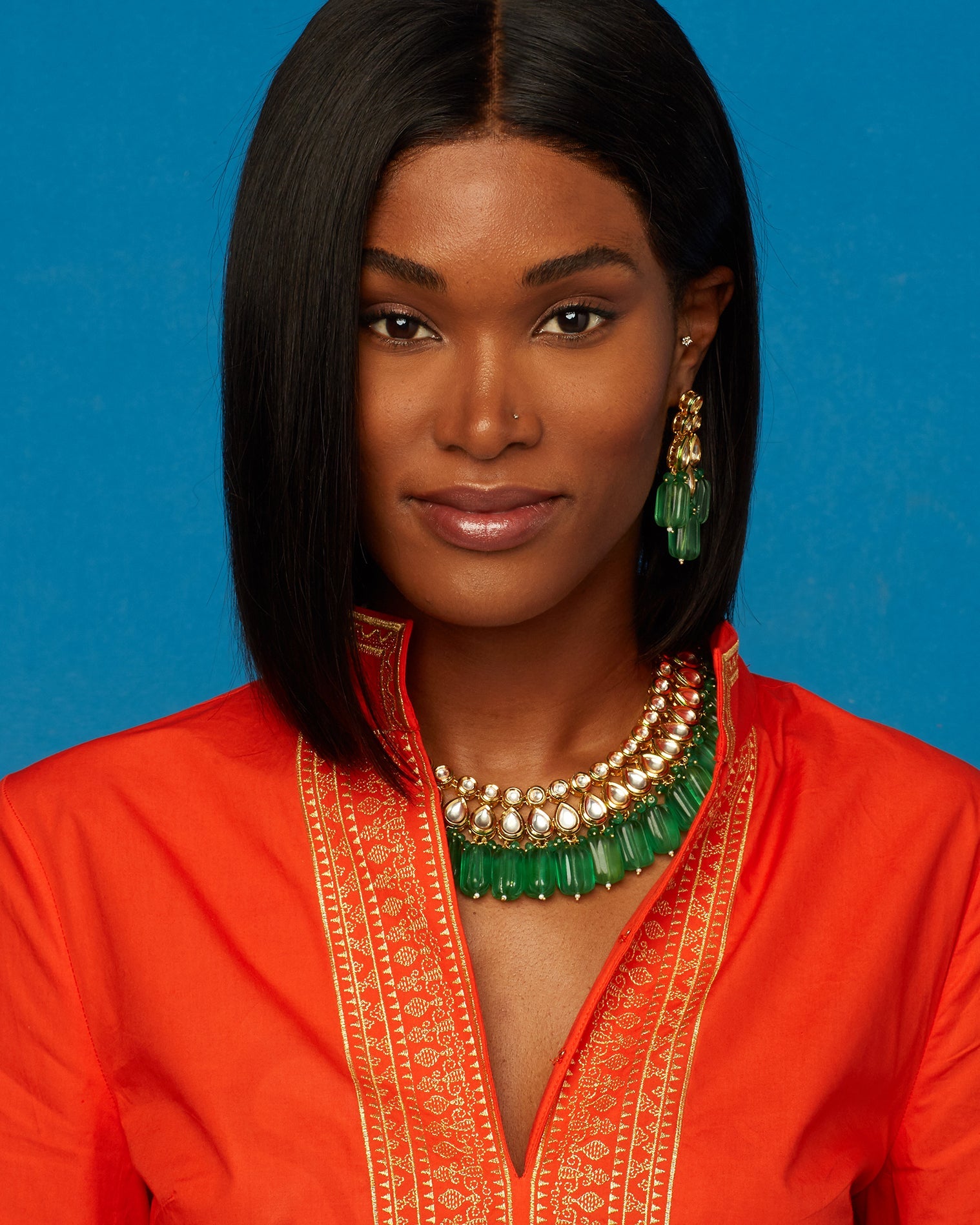 Maharani Tunic in Coral Orange Embroidered in Gold Filigree-Portrait