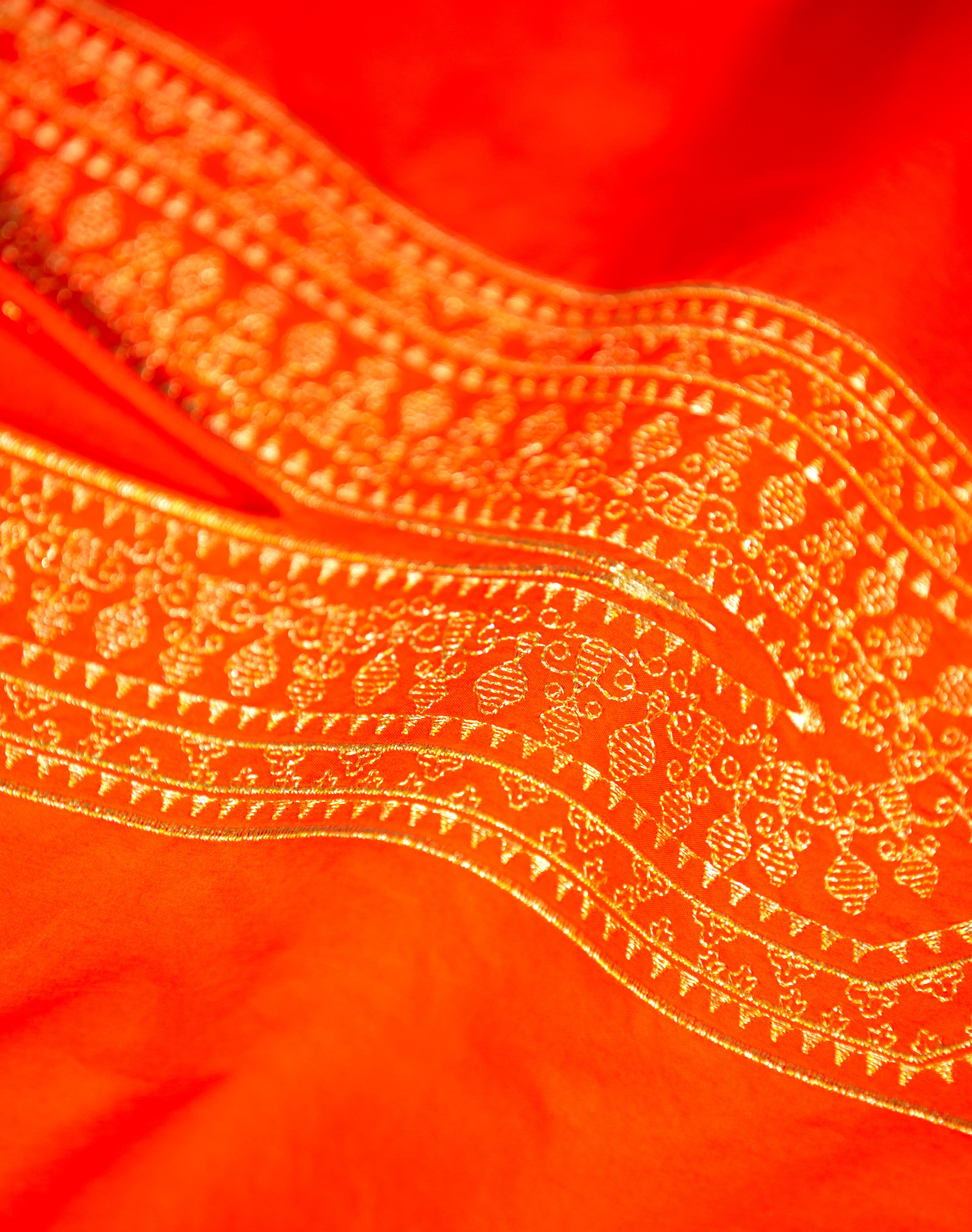 Maharani Tunic in Coral Orange Embroidered in Gold Filigree-Neckline Embroidery Detail