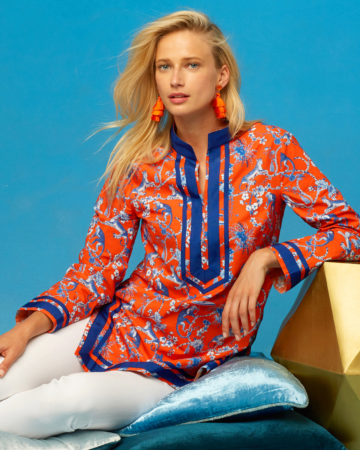 Capri Tunic in Whimsical Jungle Toile in Orange and Blue