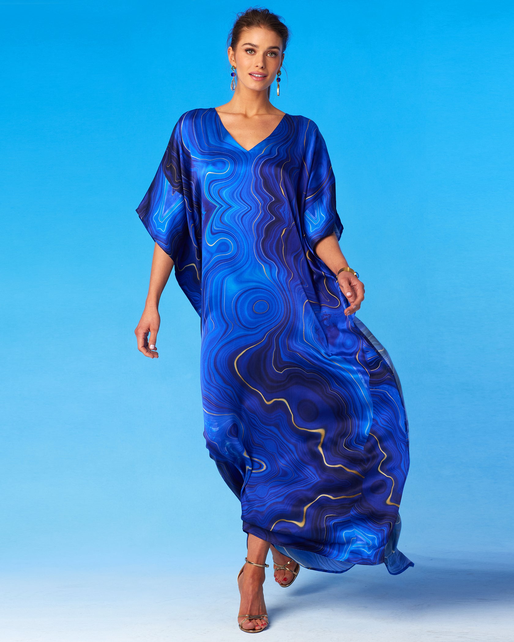 Lavinia Silk Kaftan in Lapis Lazuli Blue-Front View with Kaftan Fluttering in the Wind