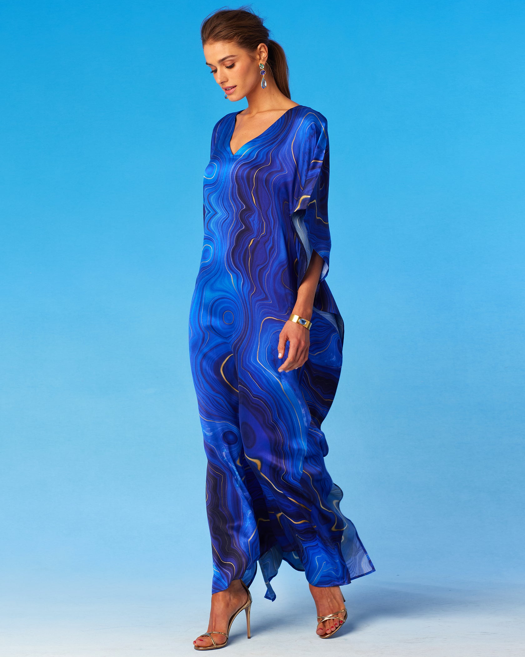 Lavinia Silk Kaftan in Lapis Lazuli Blue-Side View