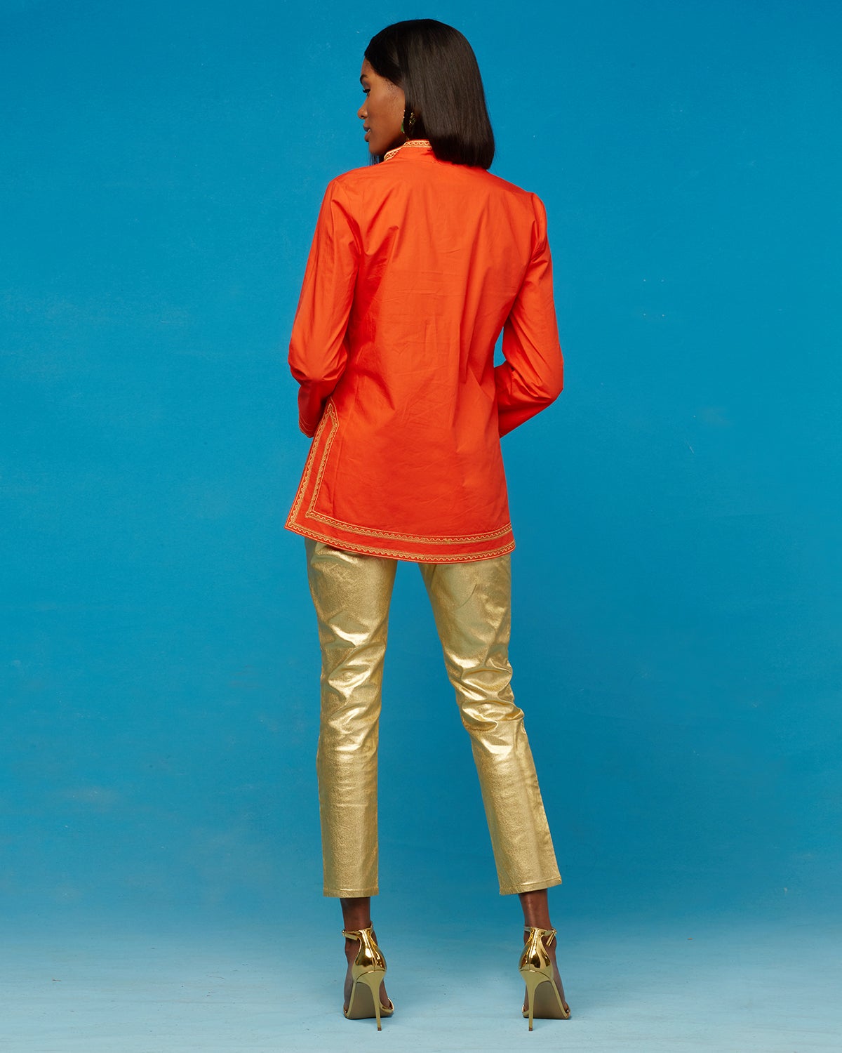 Maharani Tunic in Coral Orange Embroidered in Gold Filigree-Back Shot