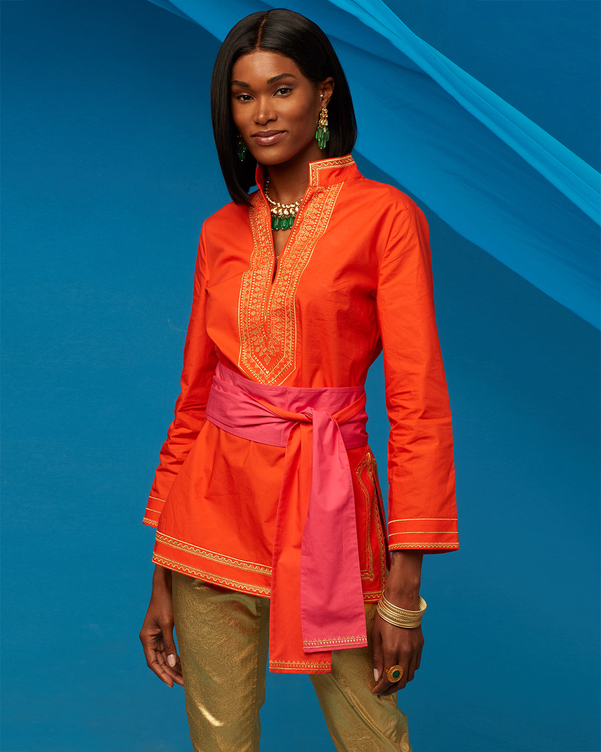 Maharani Reversible Sash Belt in Fuchsia and Coral Orange worn with Nicoblu Maharani Tunic