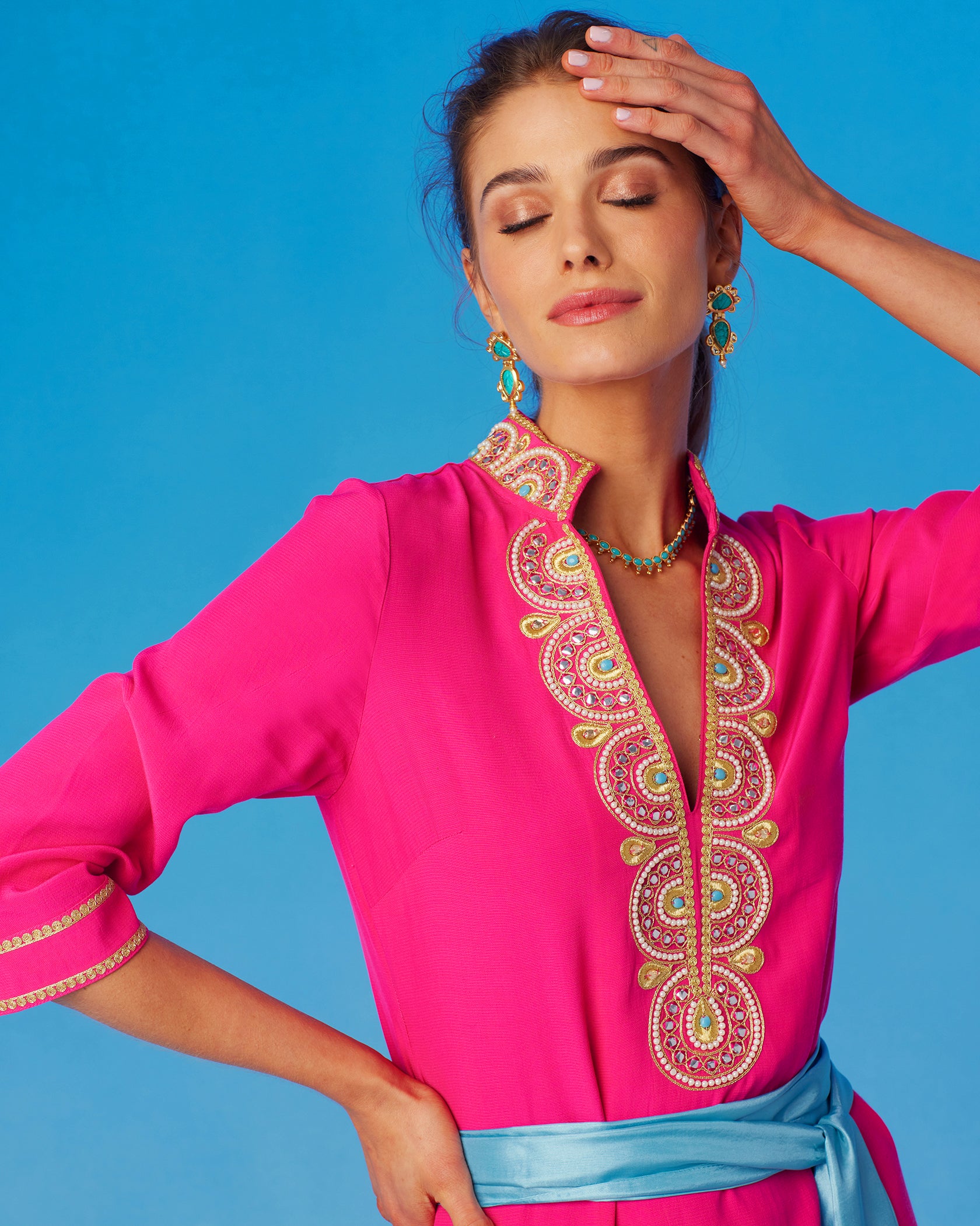 Noor Long Hot Pink Tunic Dress with Gold Embellishment-Closeup
