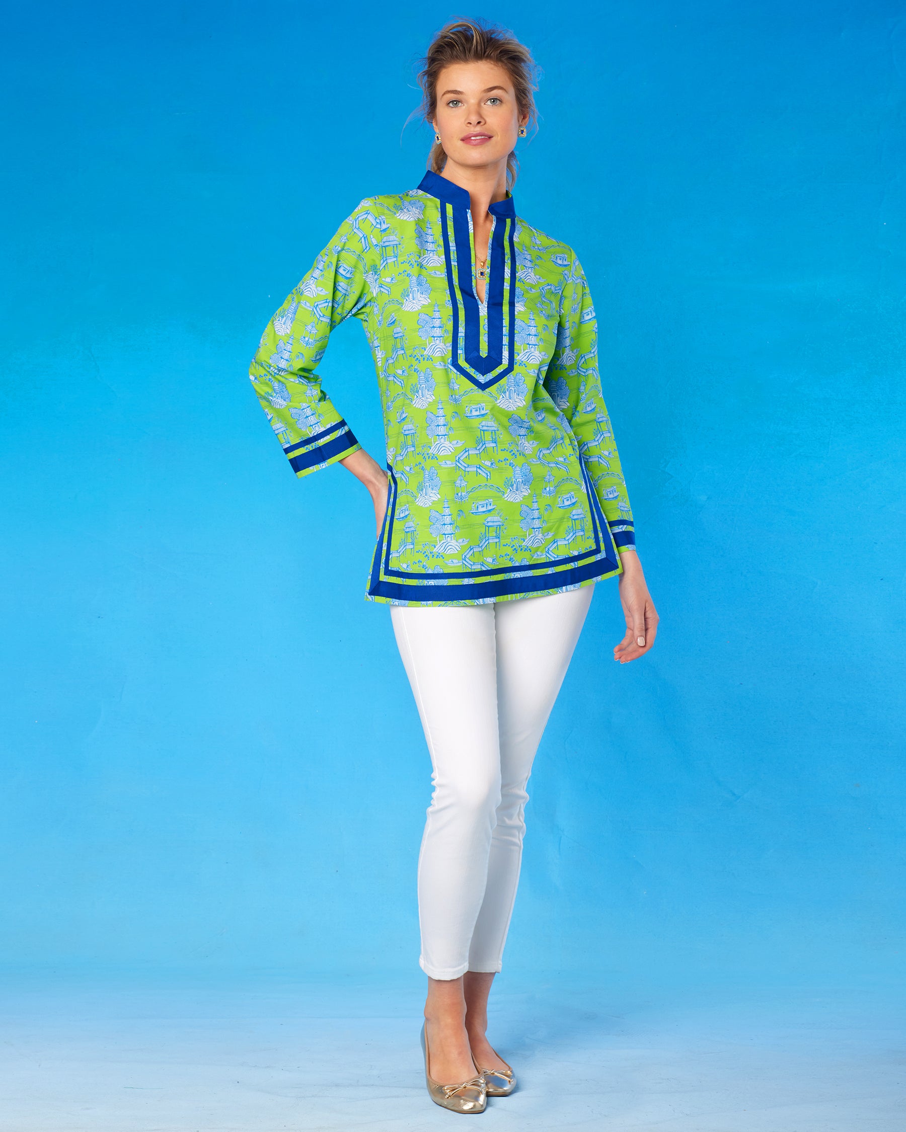 Capri Tunic in Pagoda Toile Lime Green and Blue-Full Length