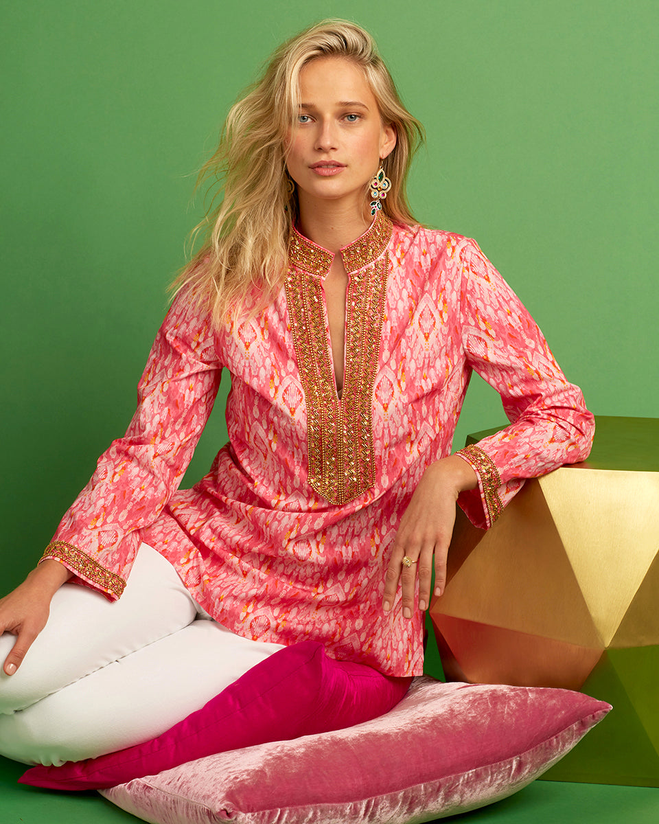 Orchidea Tunic in Fuchsia Pink Ikat and Gold Beaded Trim