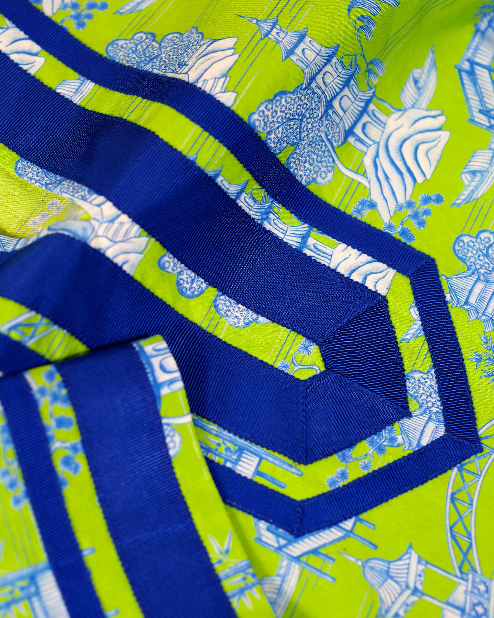 Capri Tunic in Pagoda Toile Lime Green and Blue-Closeup of Grosgrain Trim