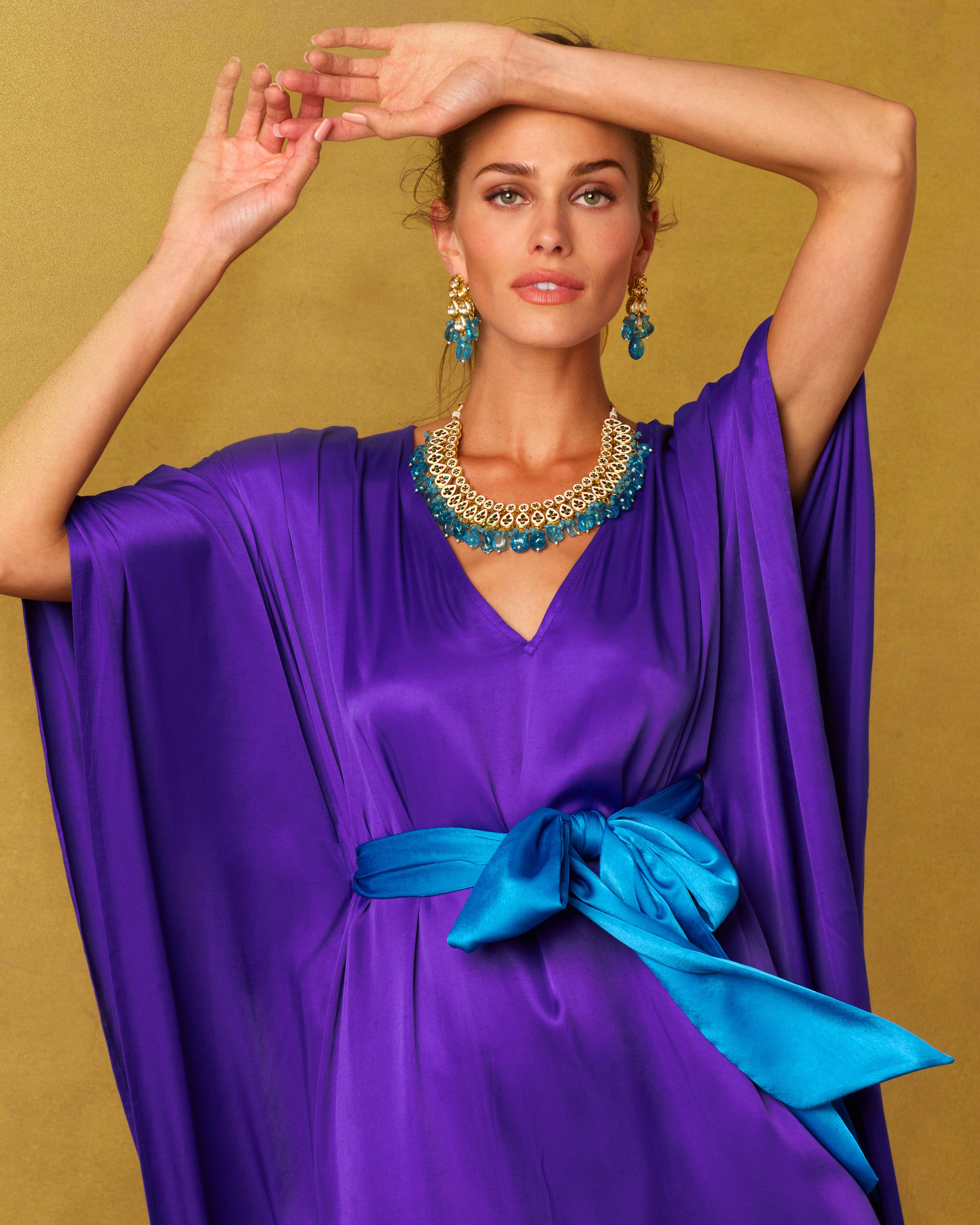 Potrait of Alessandra Belted Silk Kaftan in Royal Purple