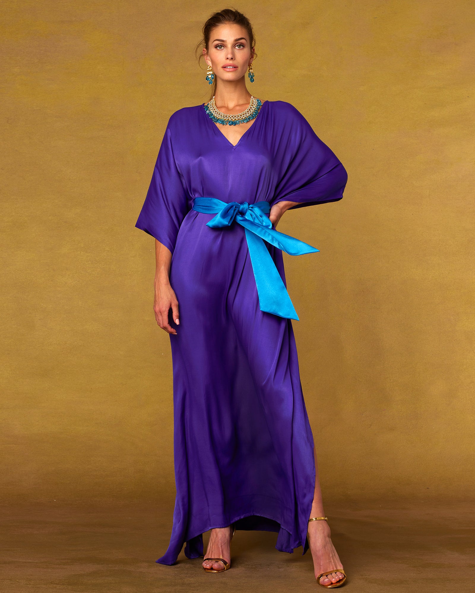 Alessandra Belted Silk Kaftan in Royal Purple