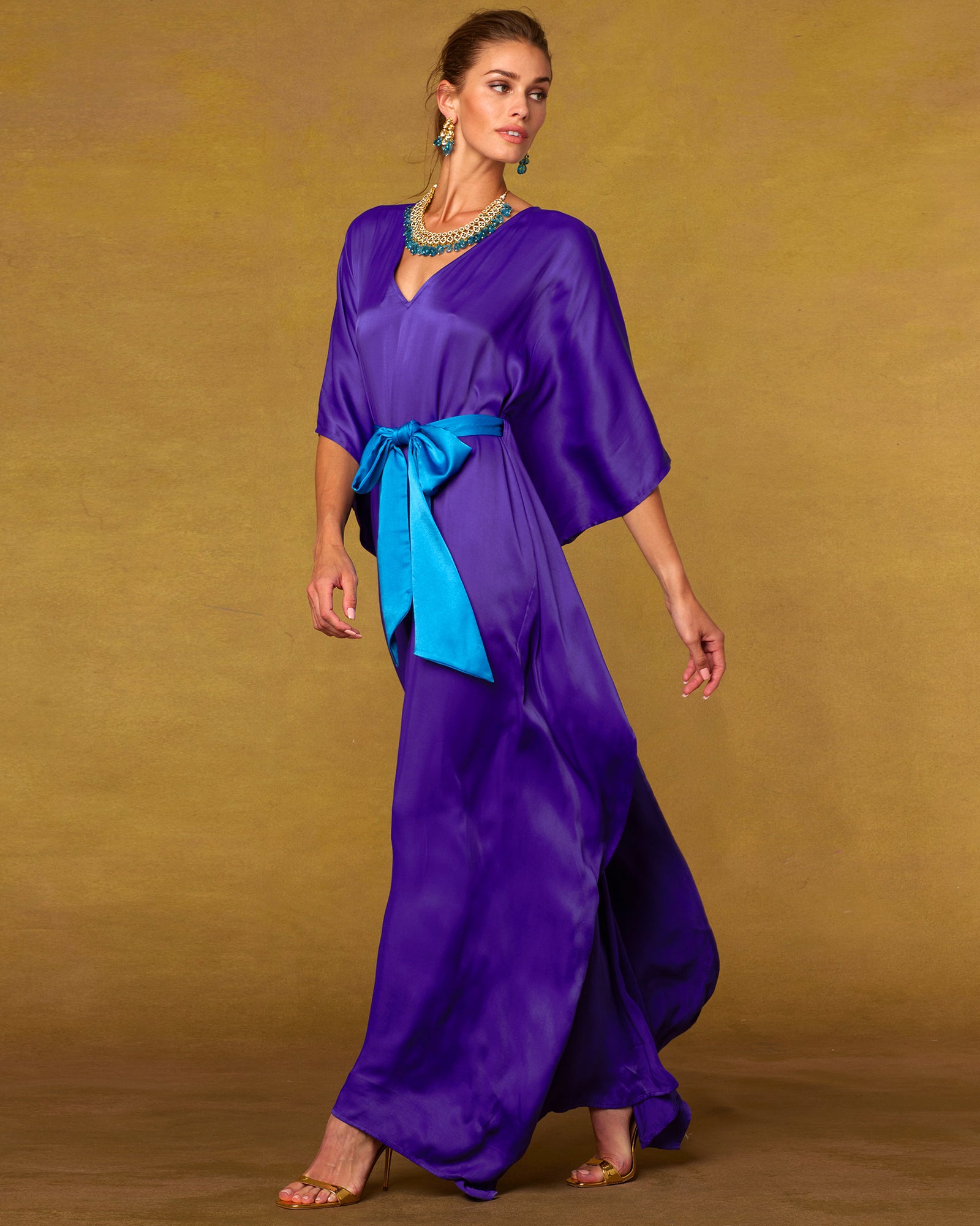 Alessandra Belted Silk Kaftan in Royal Purple