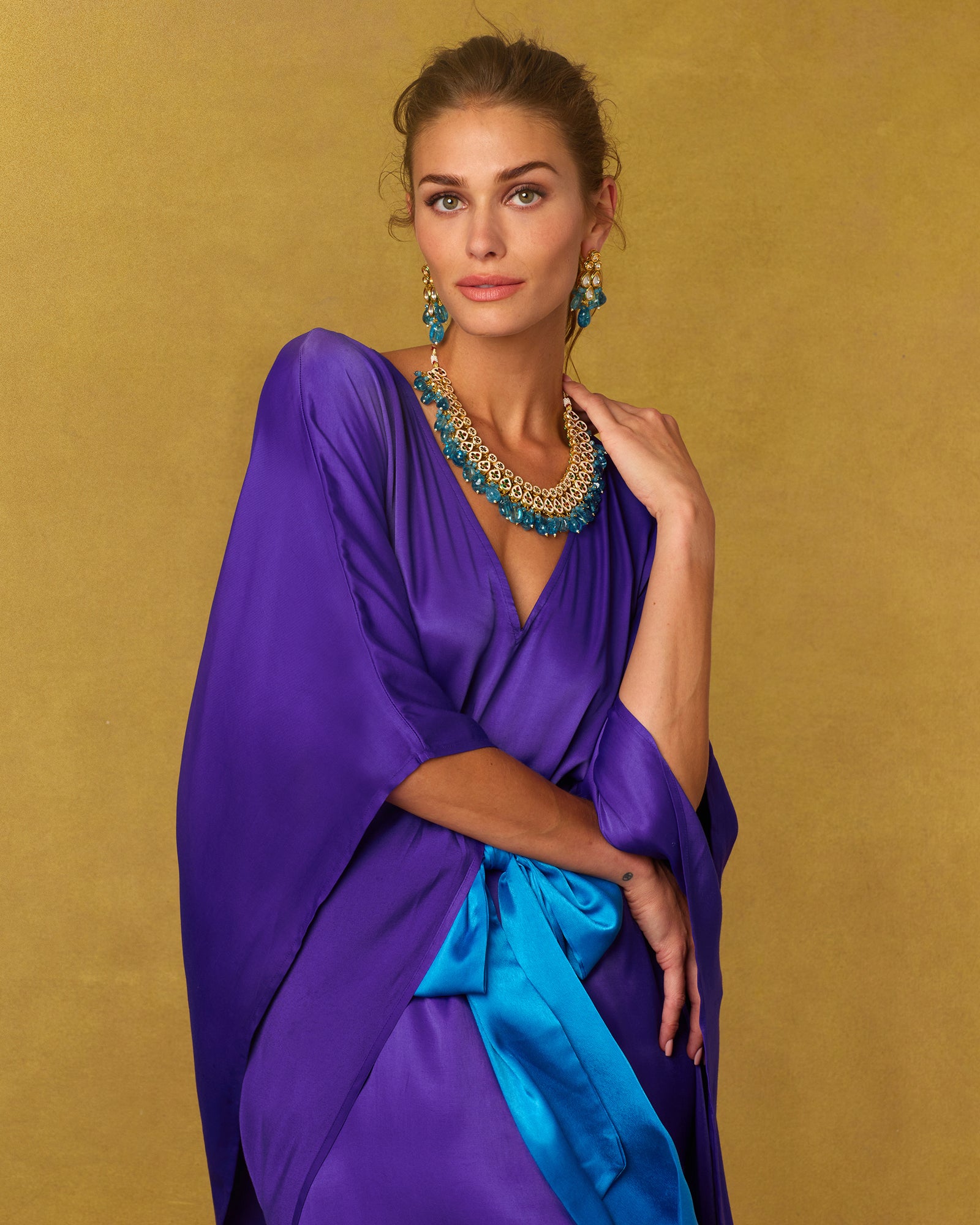 Alessandra Belted Silk Kaftan in Royal Purple