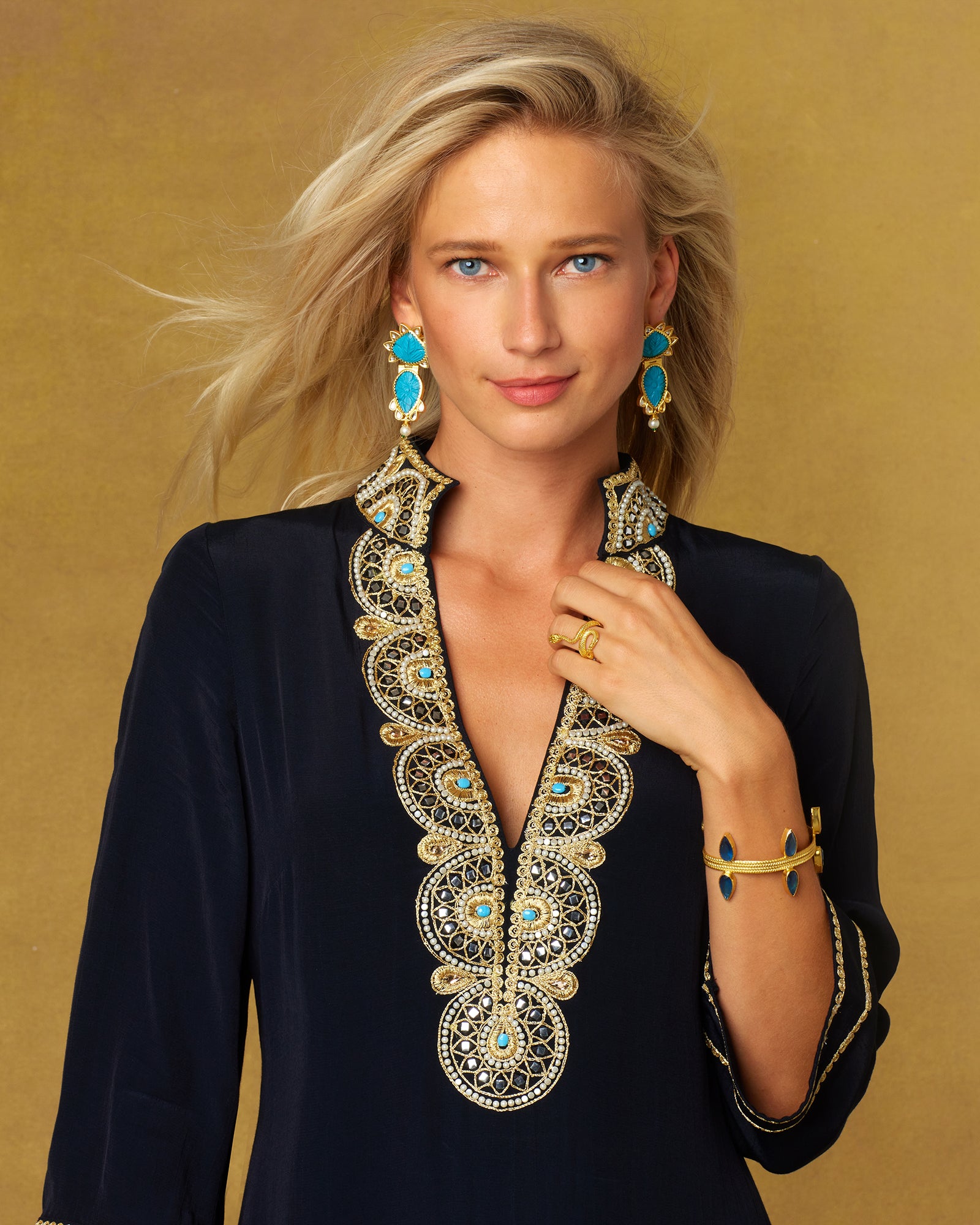 Noor Long Black Tunic Dress with Gold Embellishment-Closeup