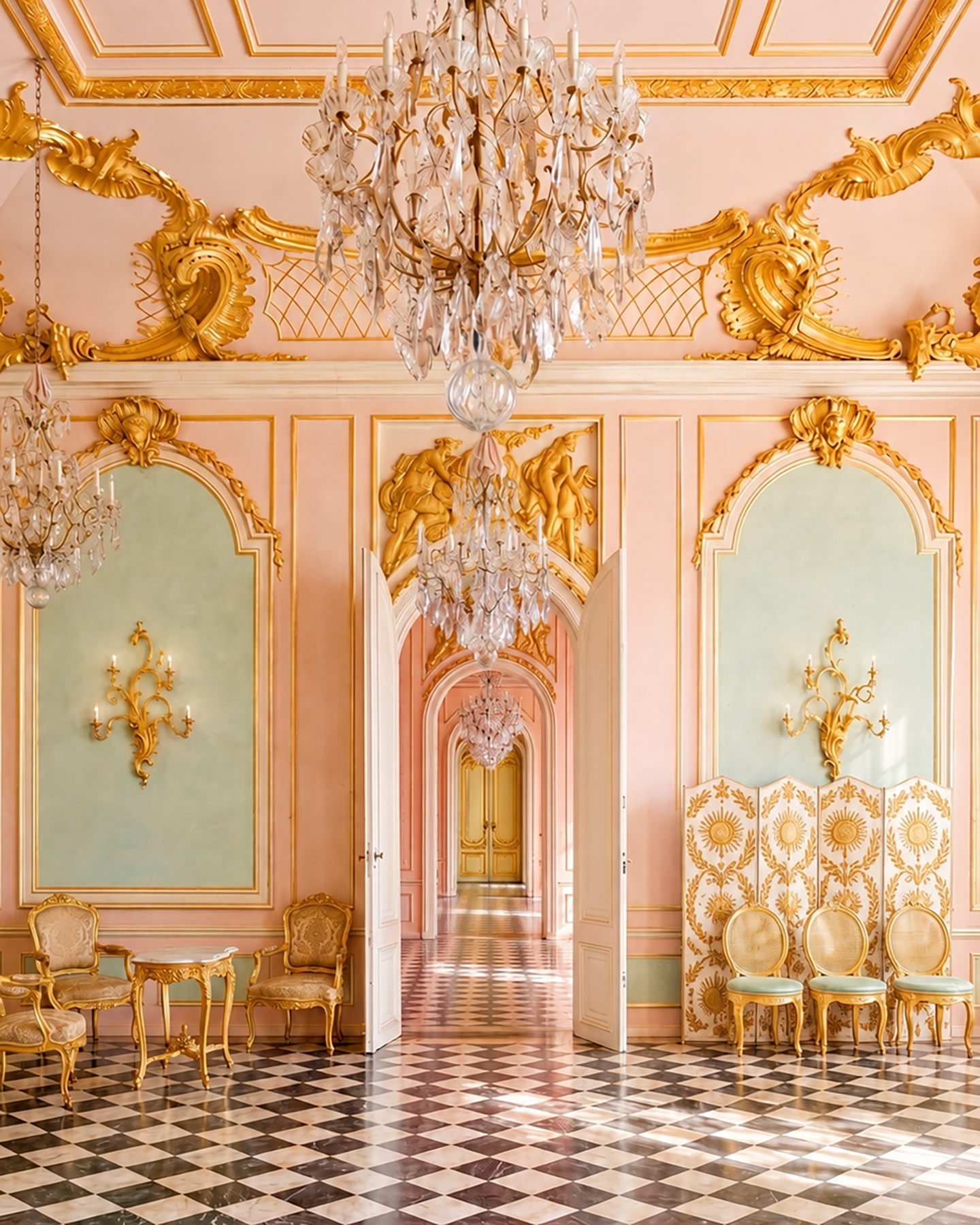Luxurious interior with pink walls, gold decorations, and crystal chandeliers.