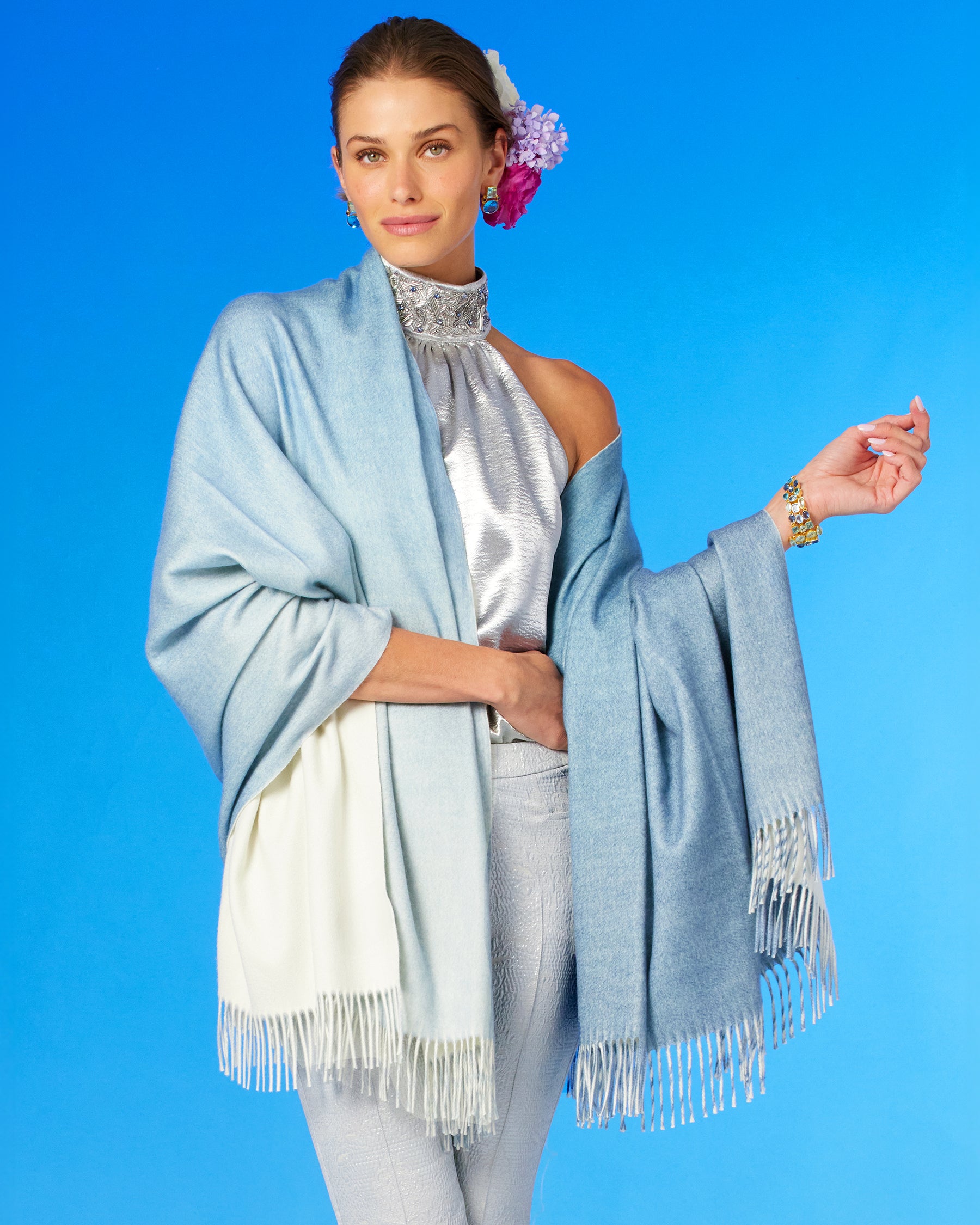 Addison Halter Top in Silver Shimmer and Embellishment-with an ombre wool shawl draped over the shoulders