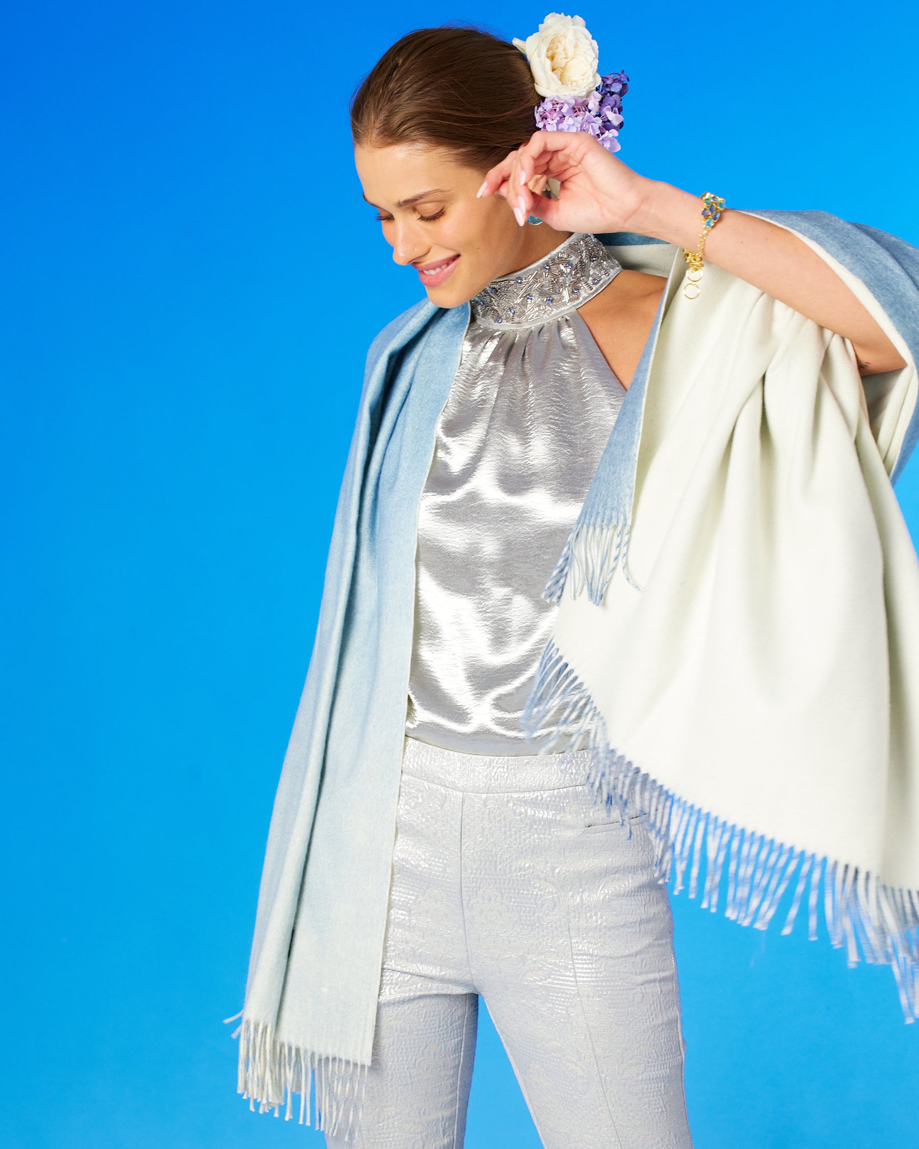 Addison Halter Top in Silver Shimmer and Embellishment-with ombre blue wool shawl draped around the shoulders