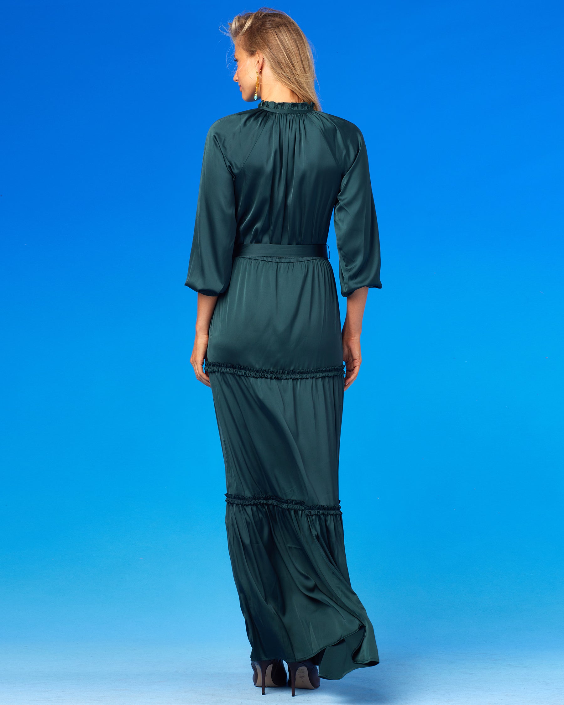 Agatha Ruffle Maxi Dress in Bavarian Green-Back View