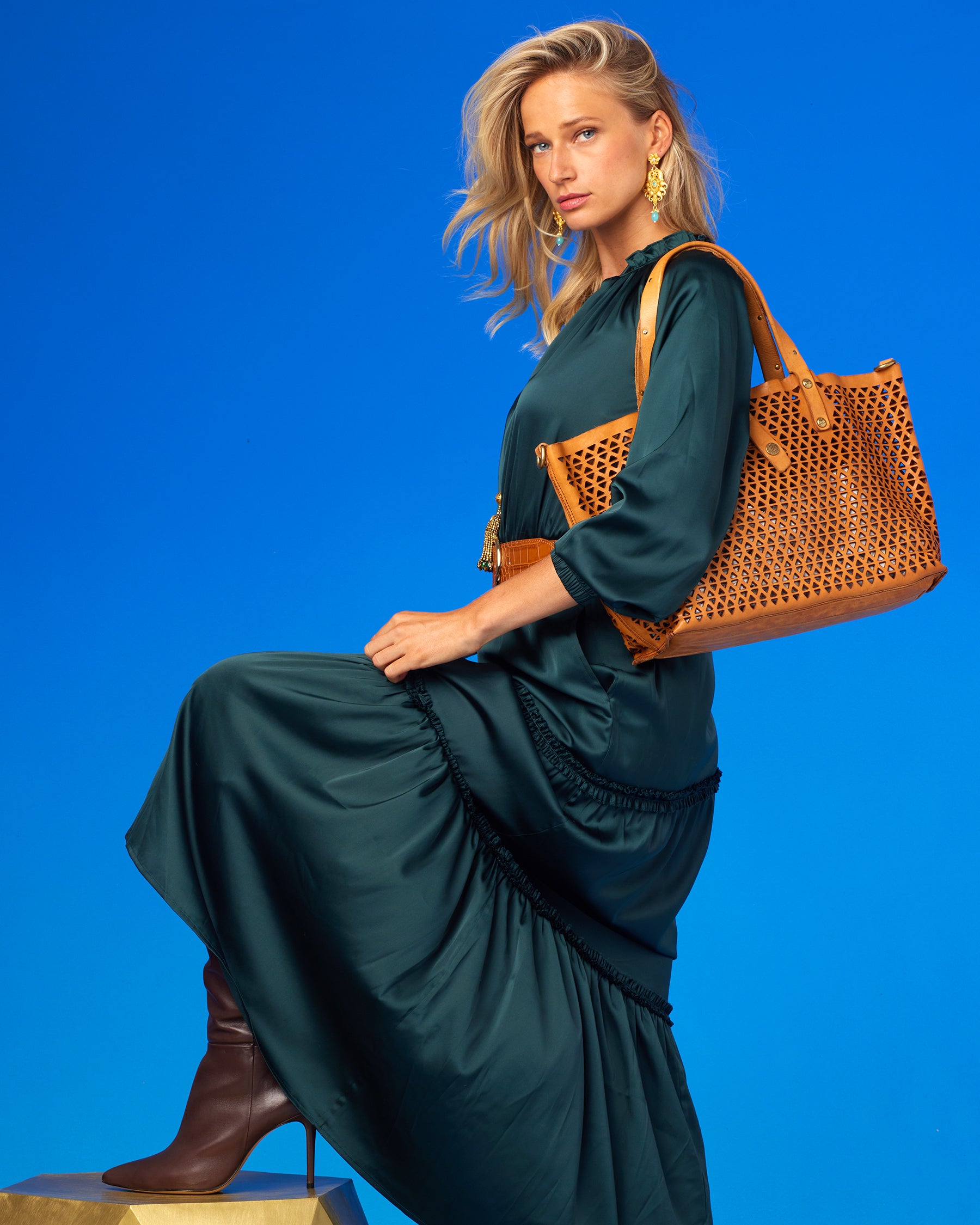 Campomaggi Malibu Pyramid Cut Tote Bag in Tan Worn with the Agatha Ruffle Maxi Dress in Bavarian Green