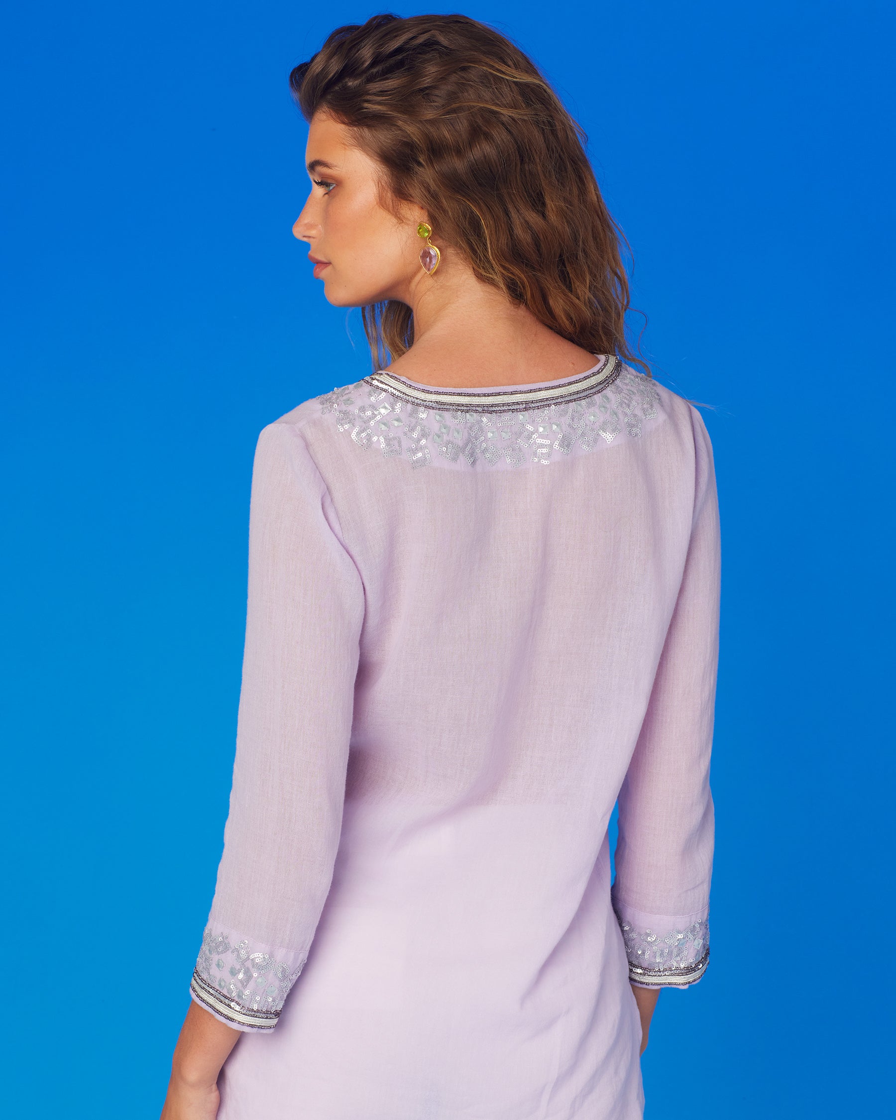 Alba Cover-Up Tunic in Sunset Lavender and Embellishment-Back View
