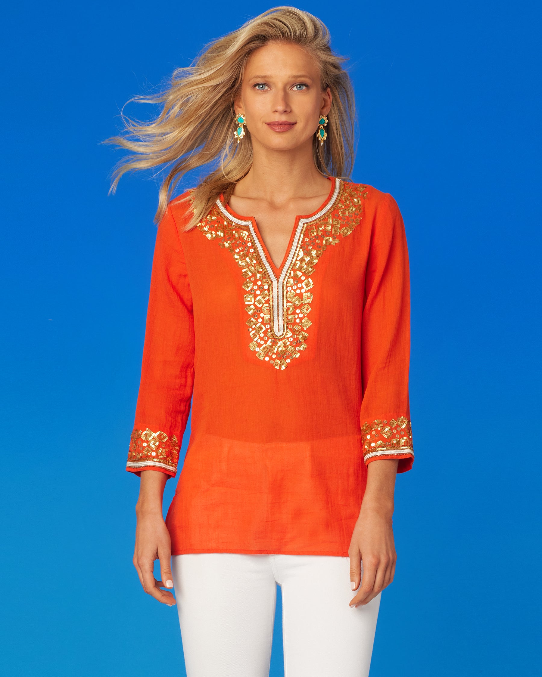 Alba Cover-Up Tunic in Coral Orange and Embellishment-Front View
