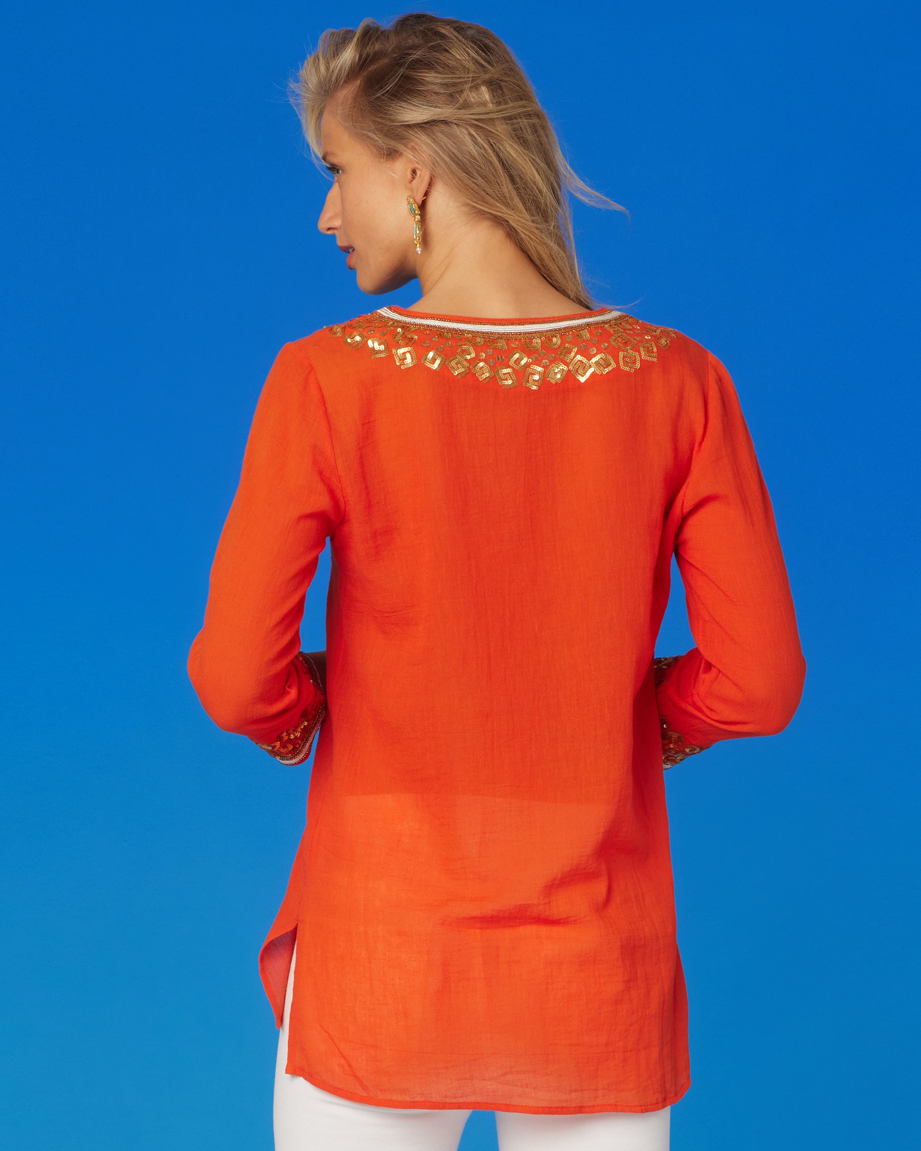 Alba Cover-Up Tunic in Coral Orange and Embellishment-Back View
