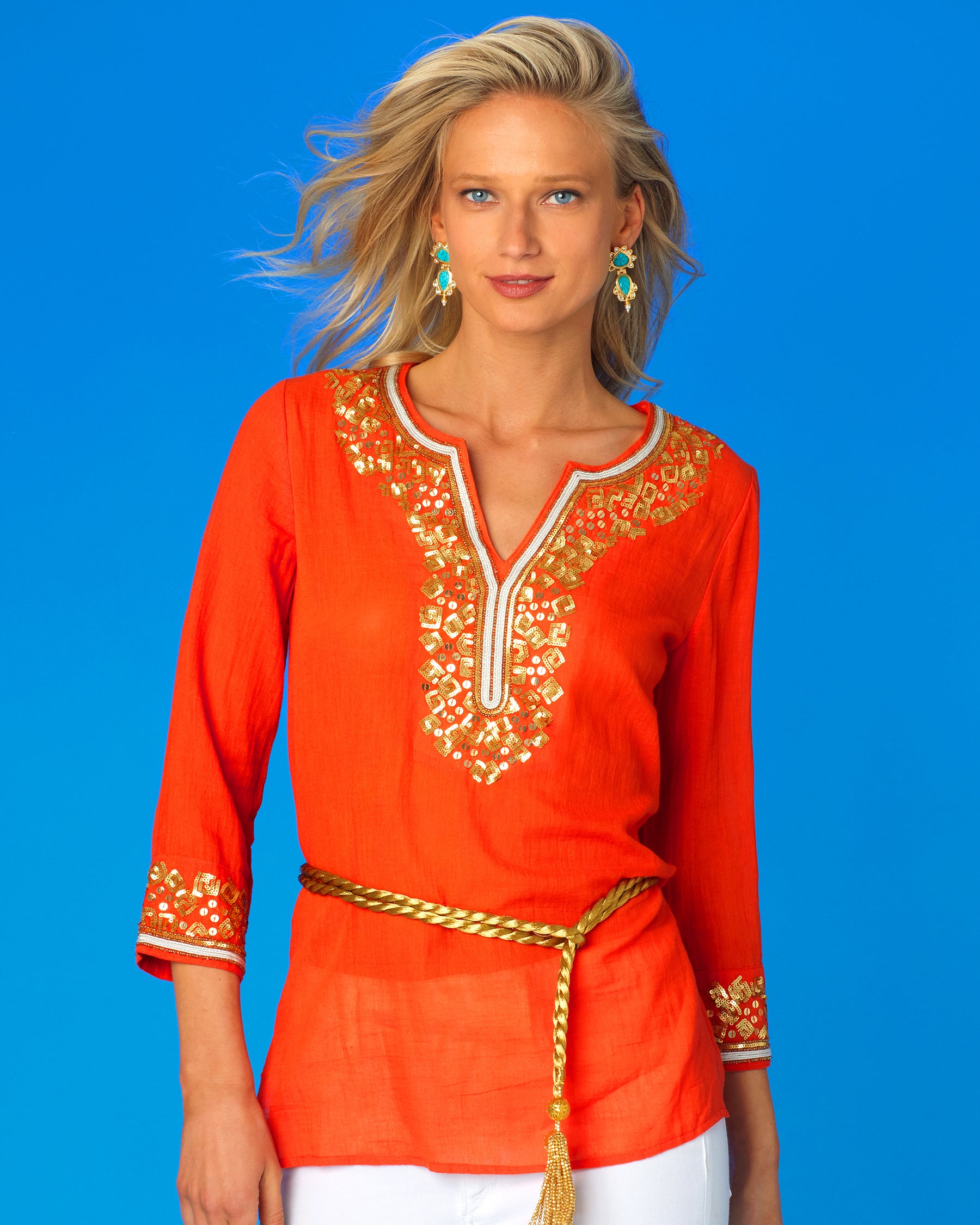 Alba Cover-Up Tunic in Coral Orange and Embellishment-Portrait wearing the Artemis Gold Rope Belt