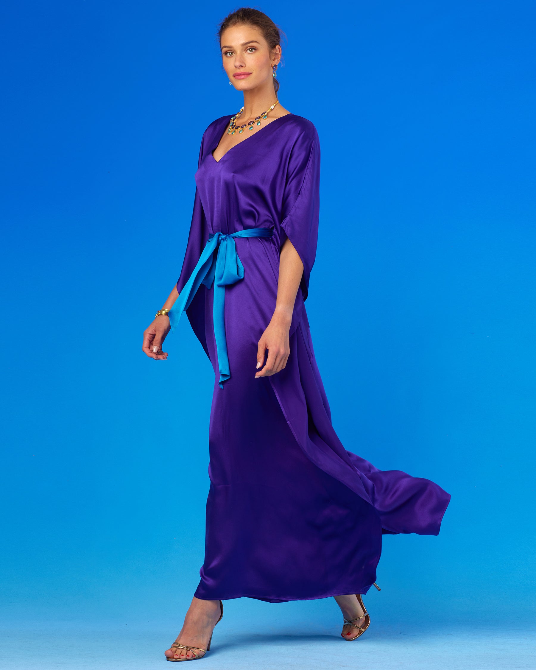 Alessandra Belted Silk Kaftan in Royal Purple