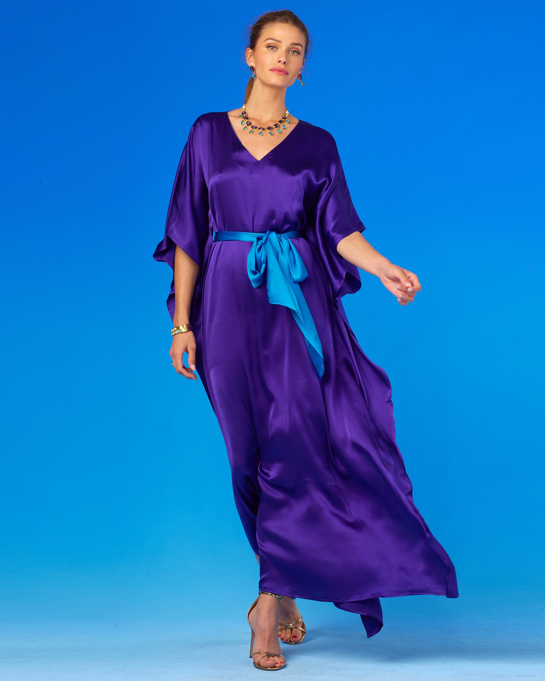 Alessandra Belted Silk Kaftan in Royal Purple-Front View