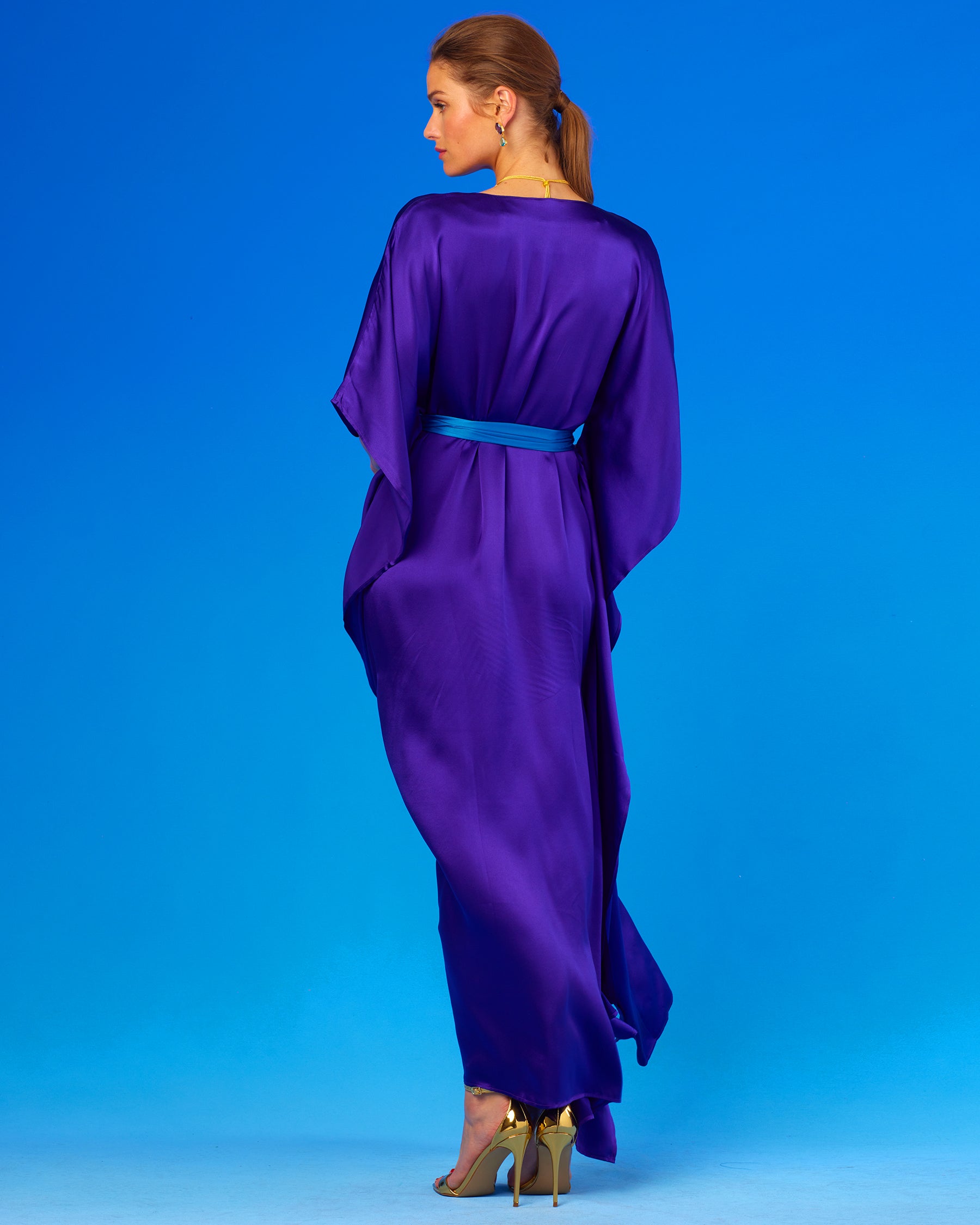 Alessandra Belted Silk Kaftan in Royal Purple-Back View