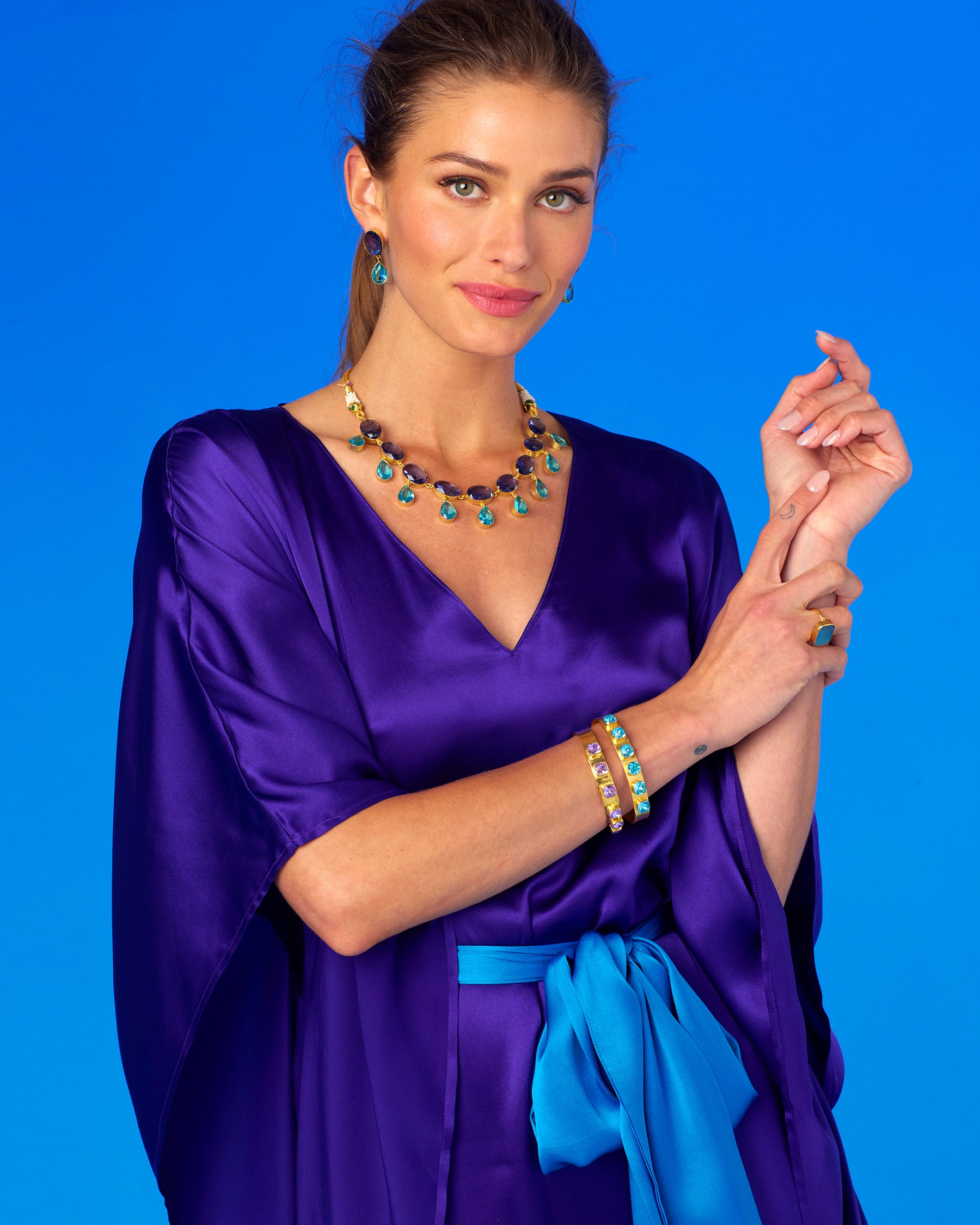 Alessandra Belted Silk Kaftan in Royal Purple-Portrait
