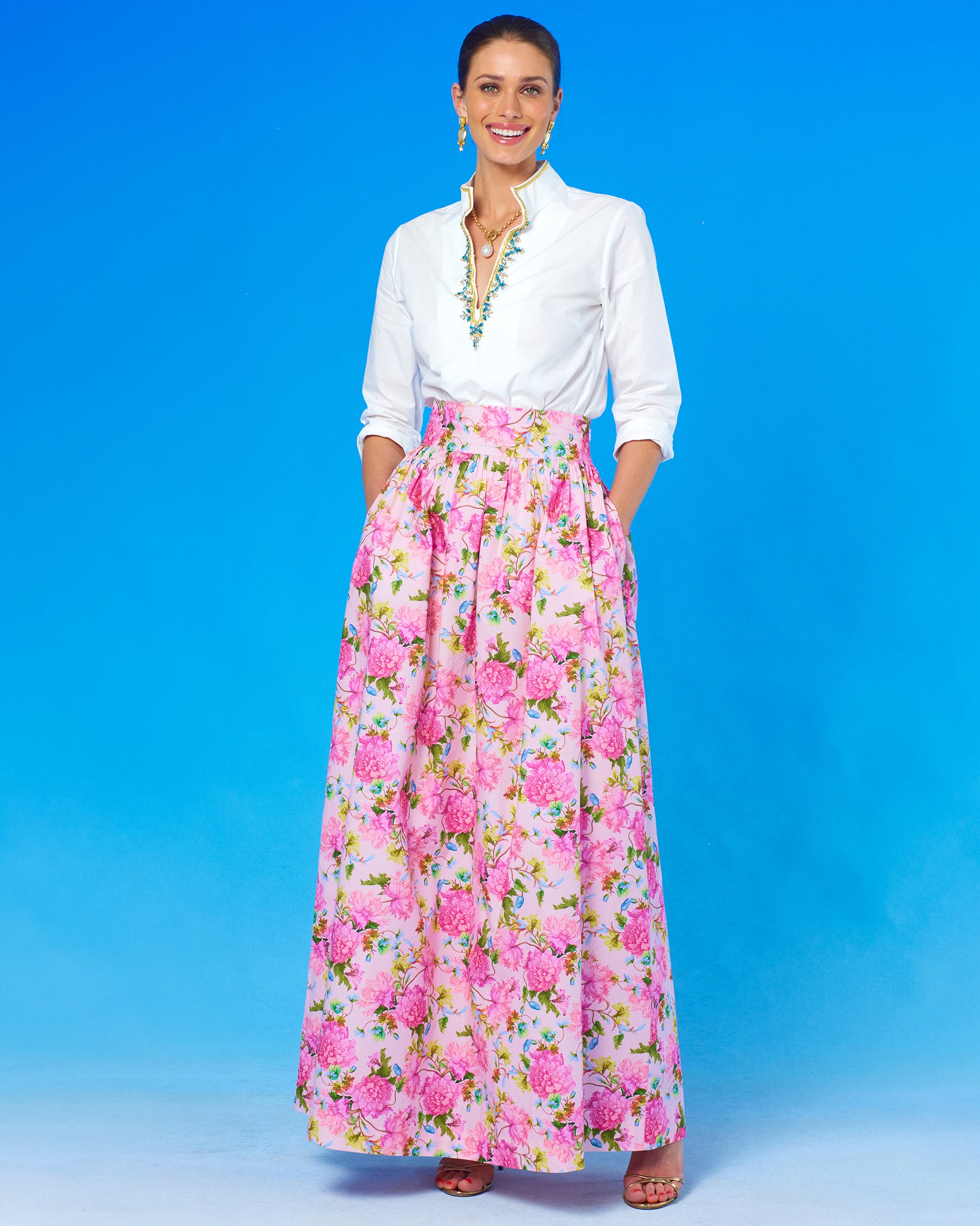 Alexandra Long Full Skirt in English Roses-Full front view with hands in pockets