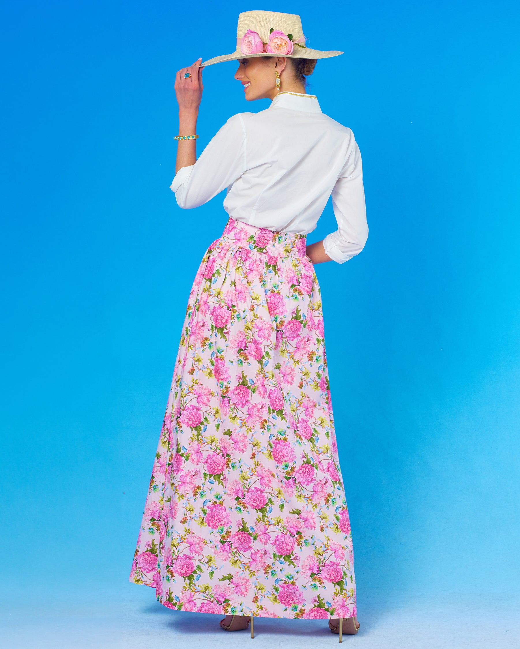 Alexandra Long Full Skirt in English Roses-Back front view
