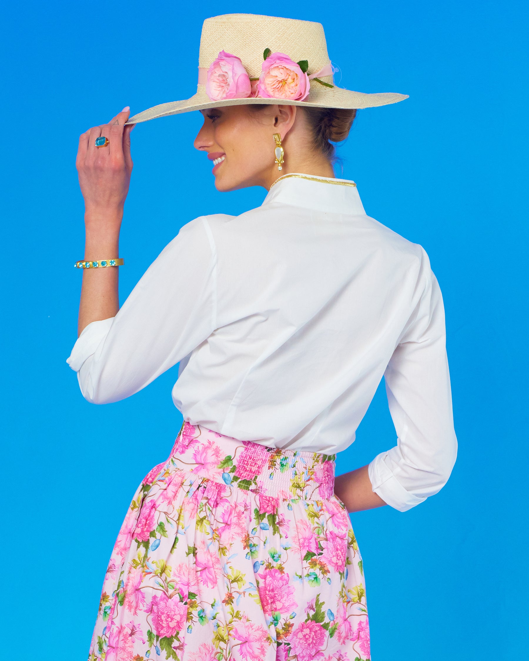 Alexandra Long Full Skirt in English Roses-Closeup of back elastic detail at waist