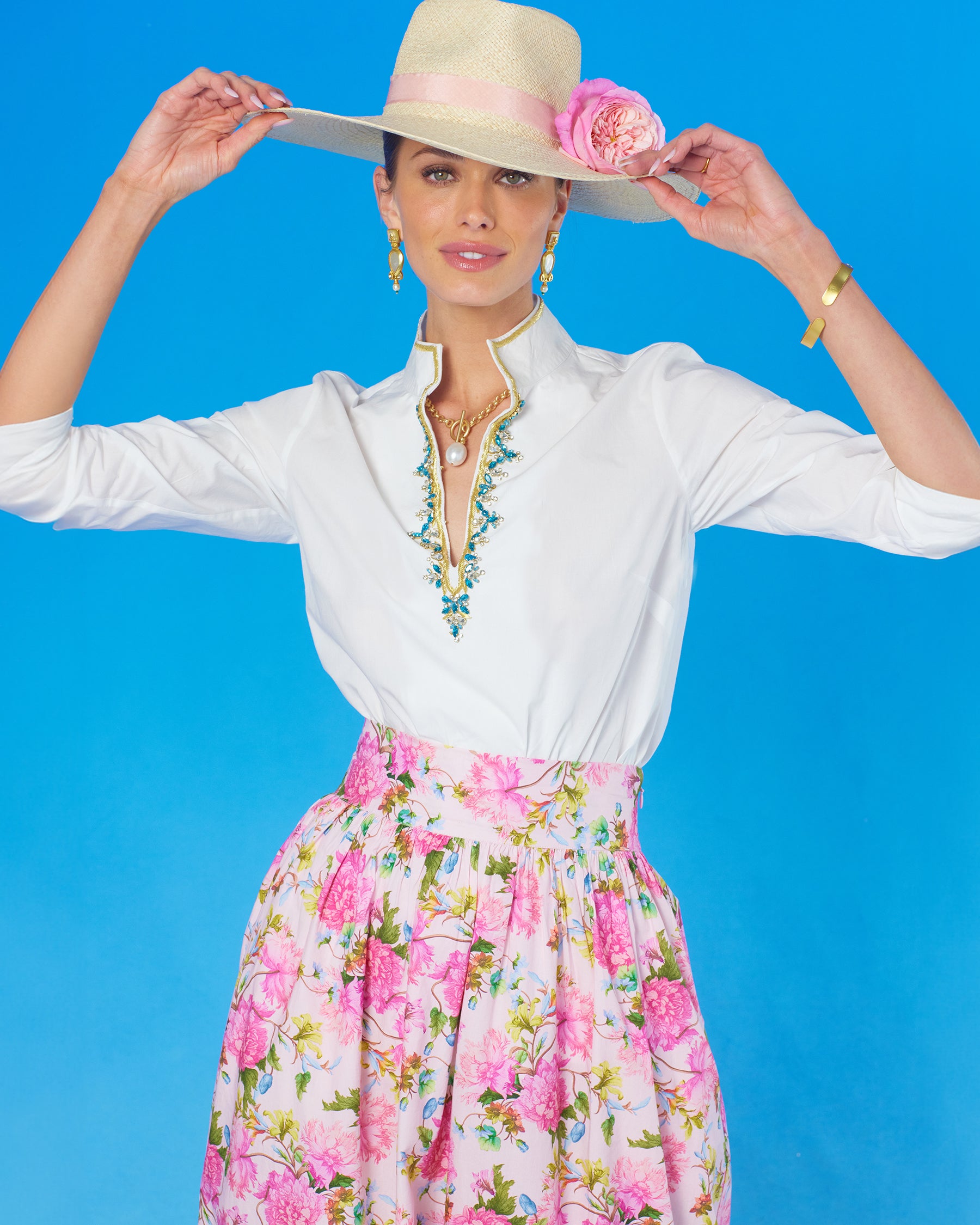 Alexandra Long Full Skirt in English Roses and Circe Tunic with Jewel Embellishment-Portrait