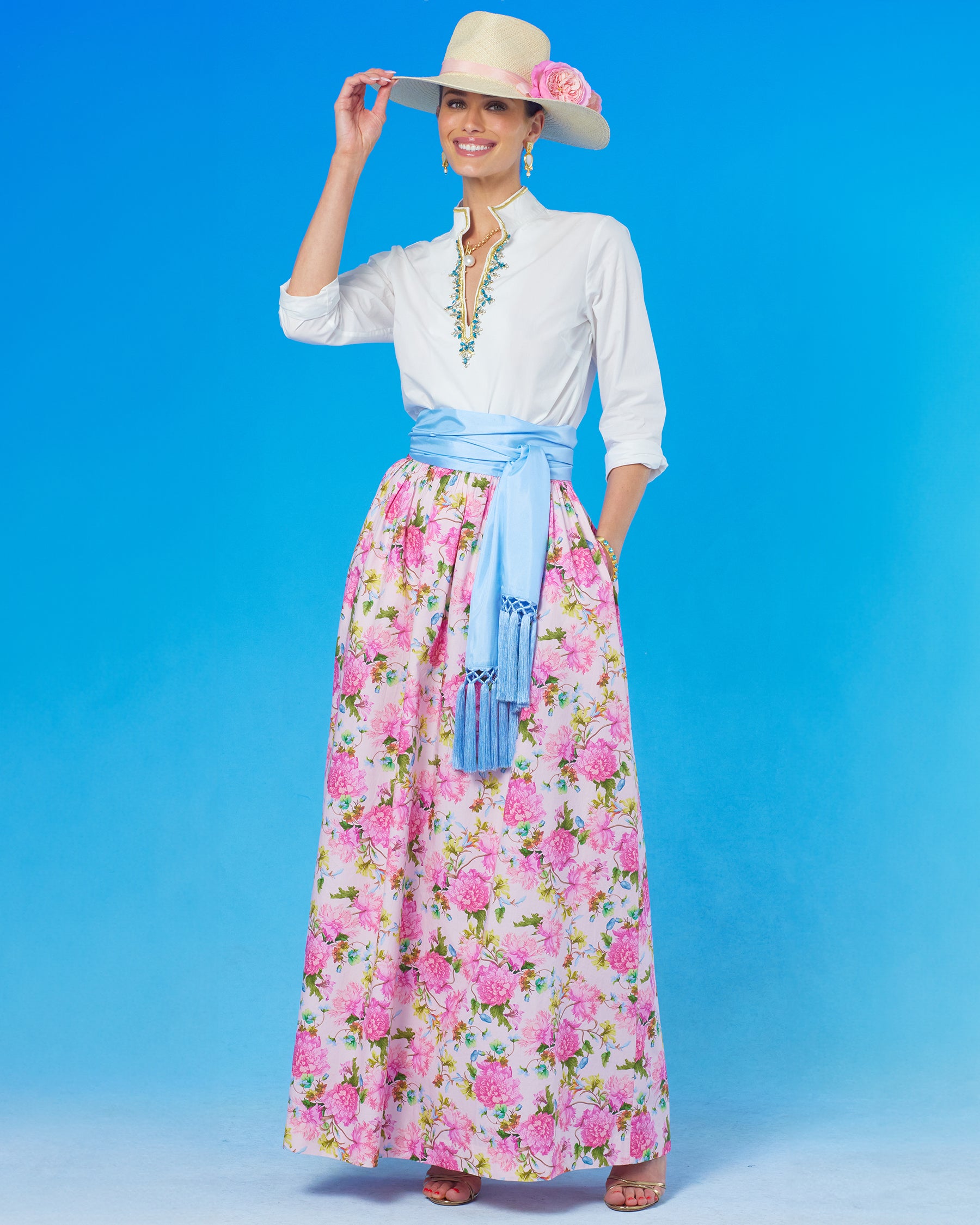 Alexandra Long Full Skirt in English Roses and Cosima Sash Belt-Full front view