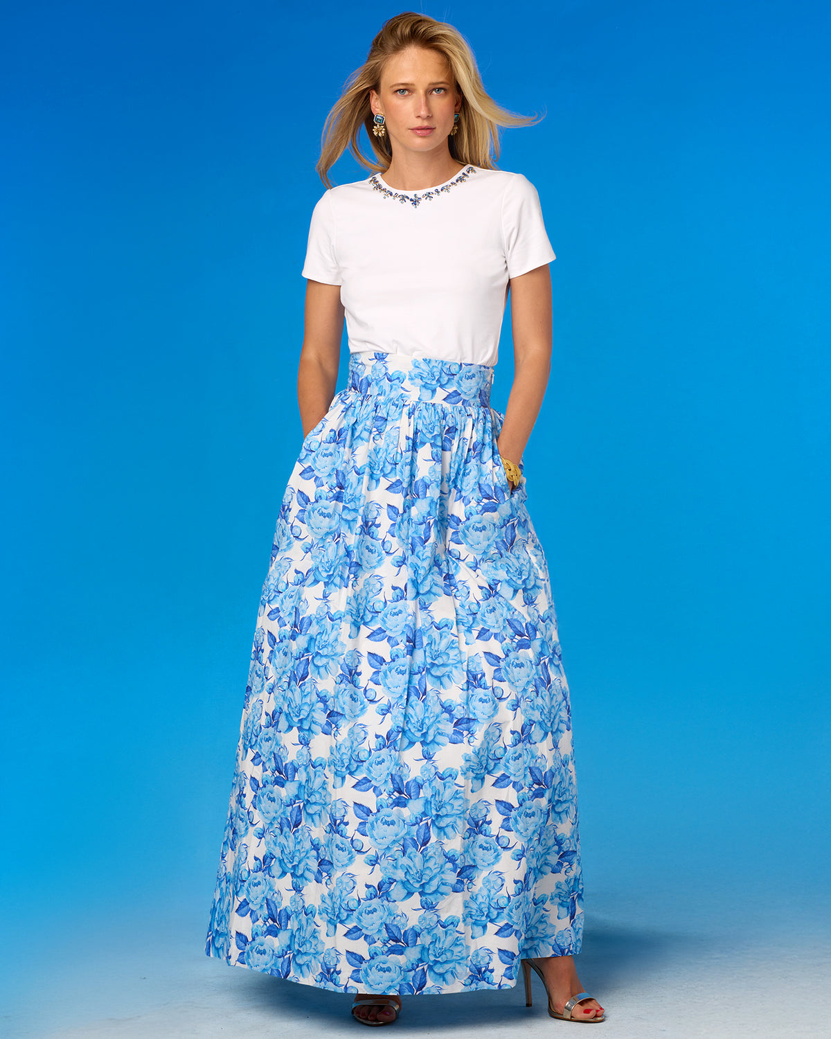Alexandra Long Full Skirt in Blue and White Roses