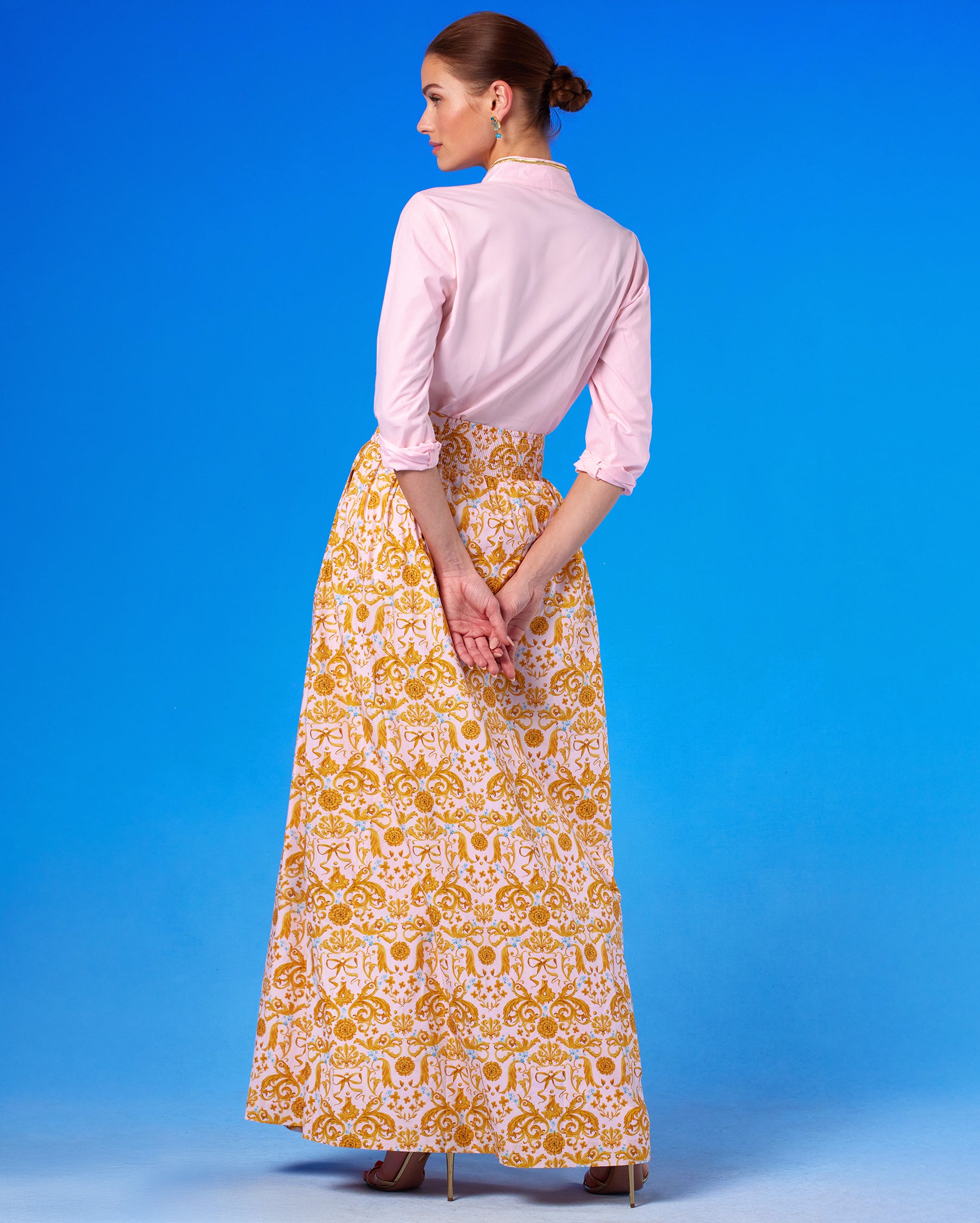 Alexandra Long Full Skirt in Blush Pink Regency Ribbons back view