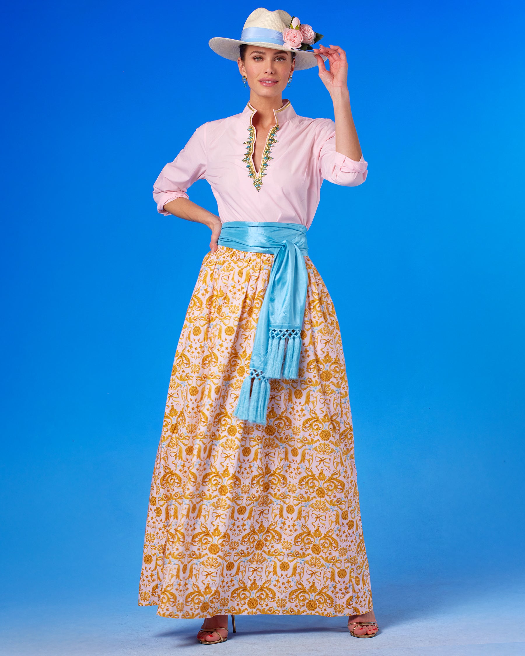 Alexandra Long Full Skirt in Blush Pink Regency Ribbons front view wearing the Pippa Panama Straw Hat and Cosima Sash Belt