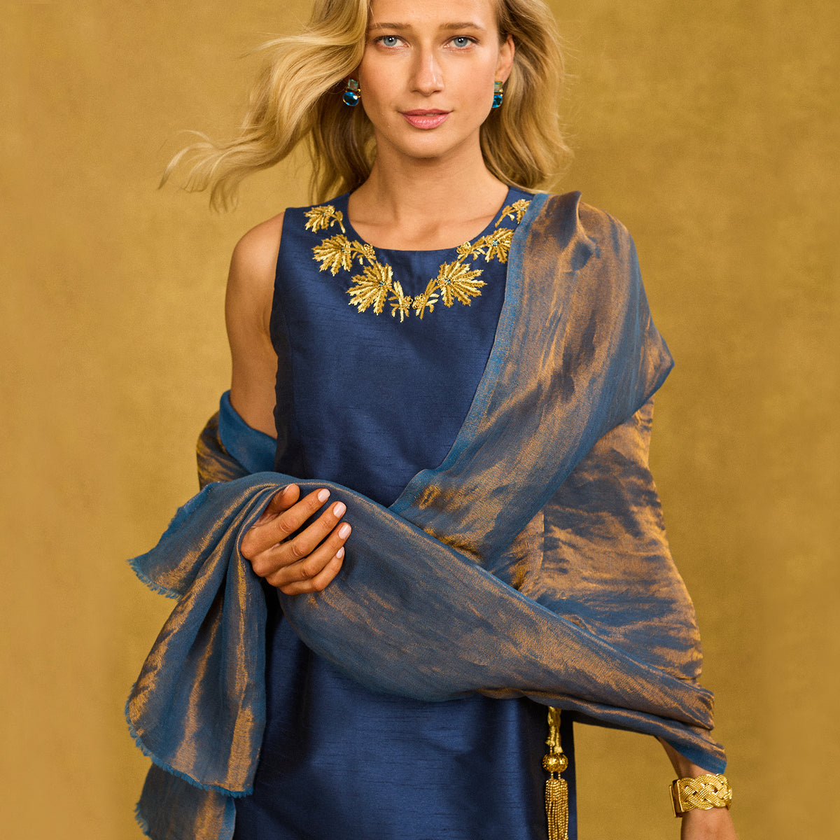 Josephine Reversible Pashmina Shawl in Bronze and Midnight Blue