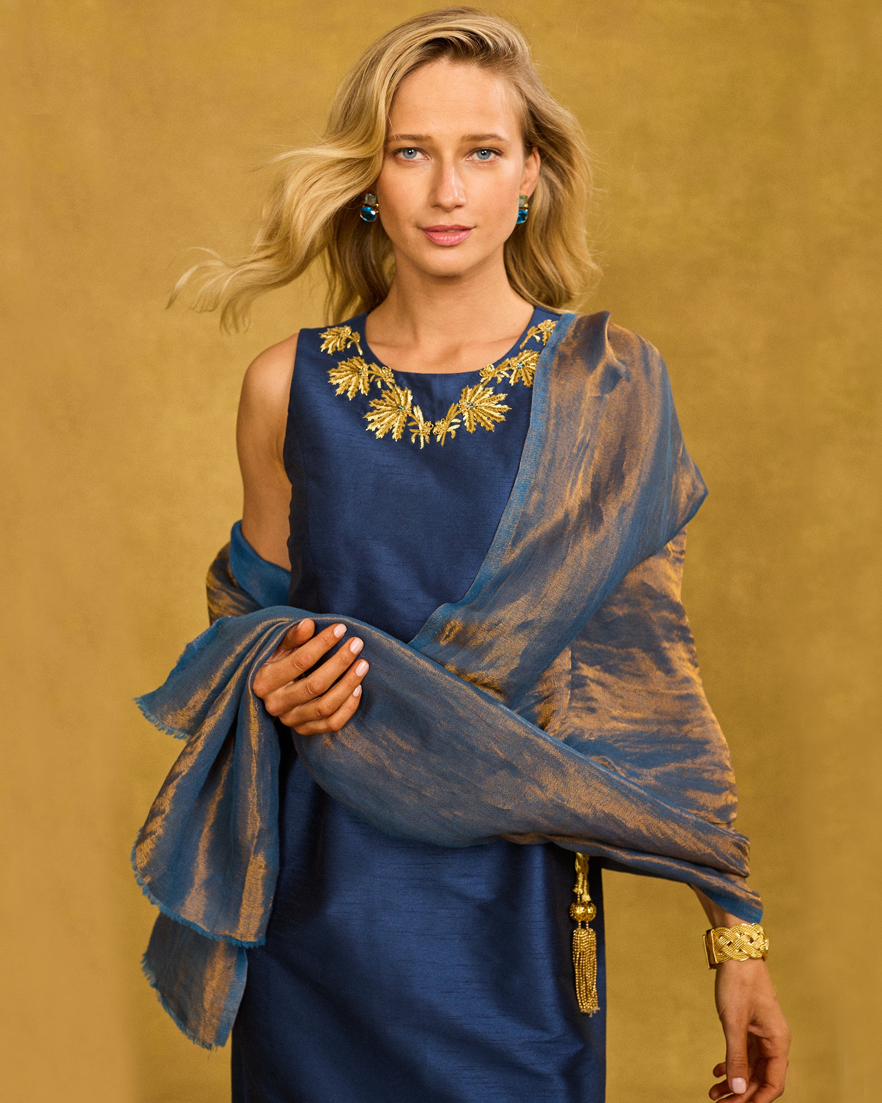 Palmira Short Shift Dress in Navy and Gold Embellishment with the Josephine Pashmina Cashmere Shawl in Bronze and Navy