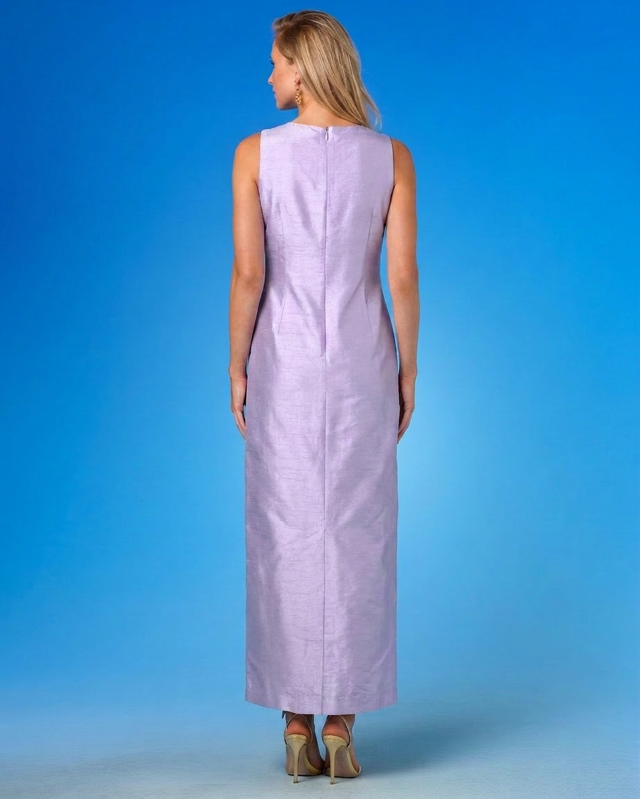 Clara Long Sheath Dress in Lavender and Gold Embellishment back view