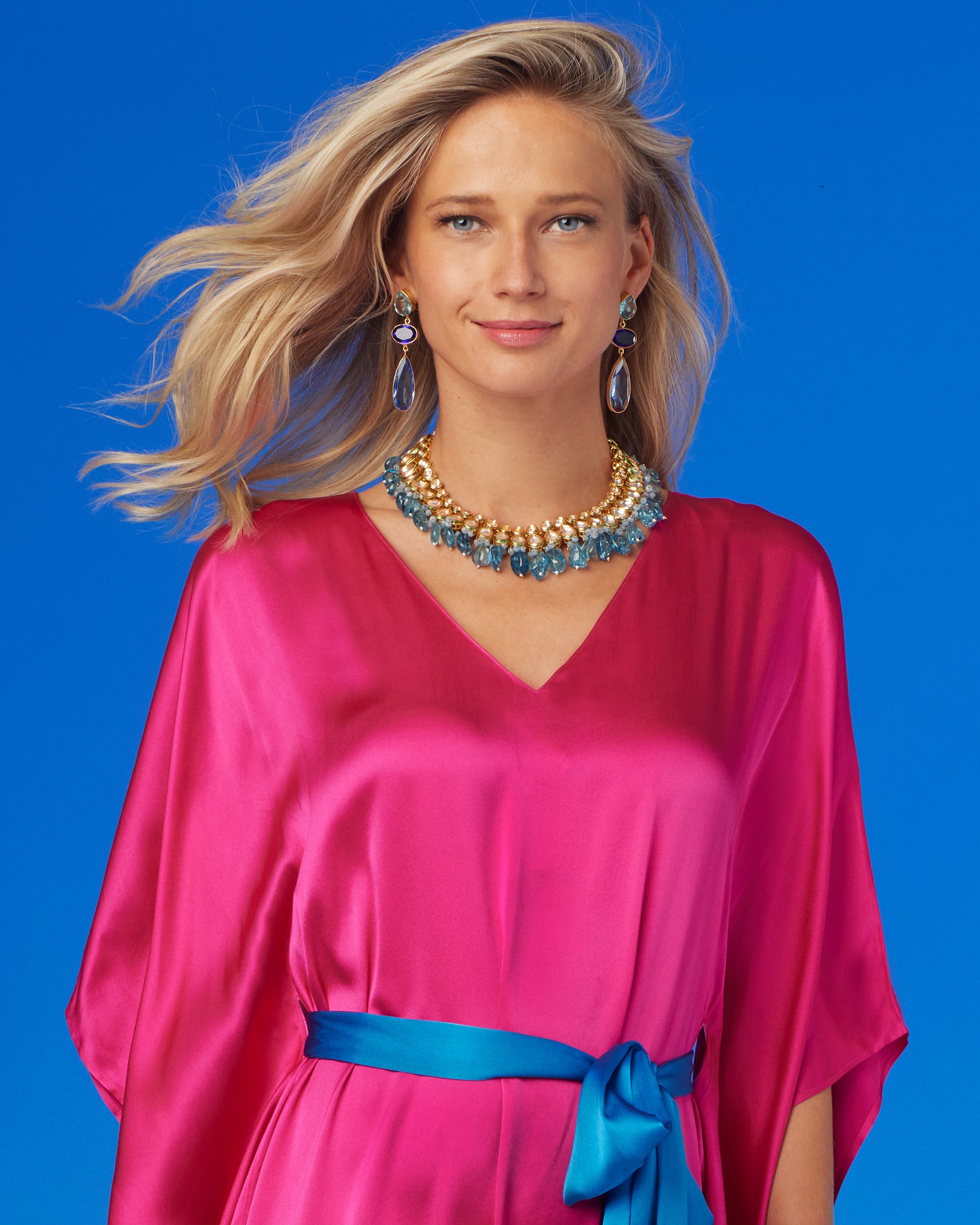 Amara Belted Silk Kaftan in Fuchsia Pink-Portrait