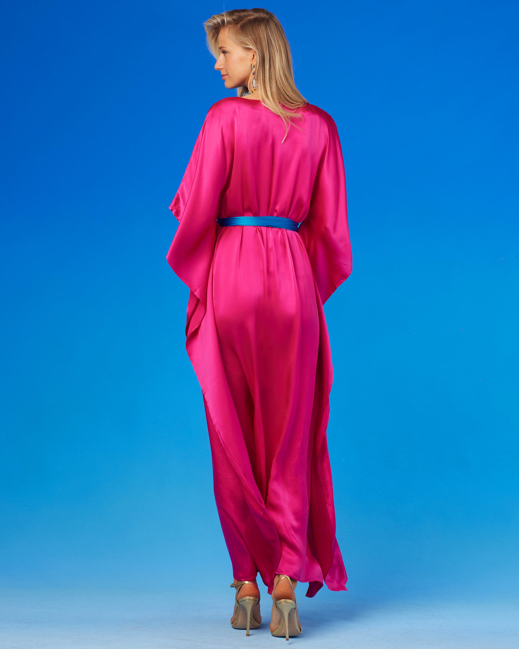 Amara Belted Silk Kaftan in Fuchsia Pink-Back View
