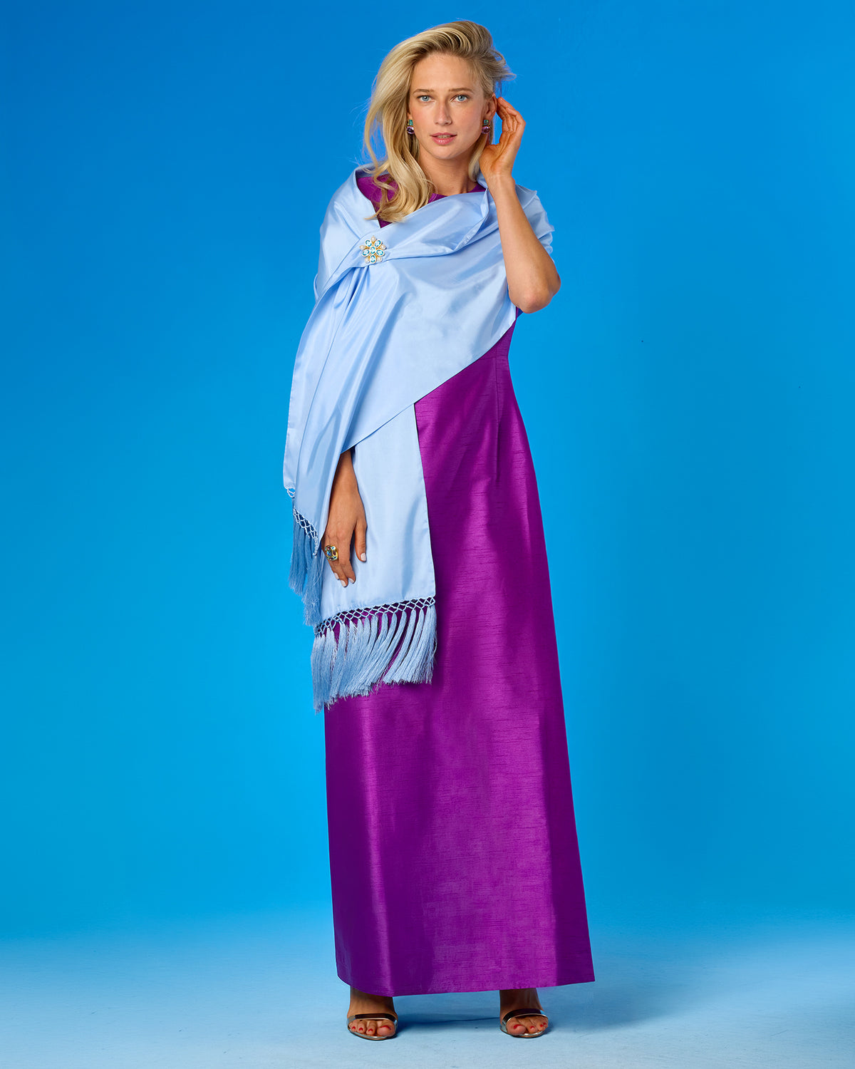 Arabella Fringe Shawl in Robin Egg Blue worn with the Amaranth Long Dress